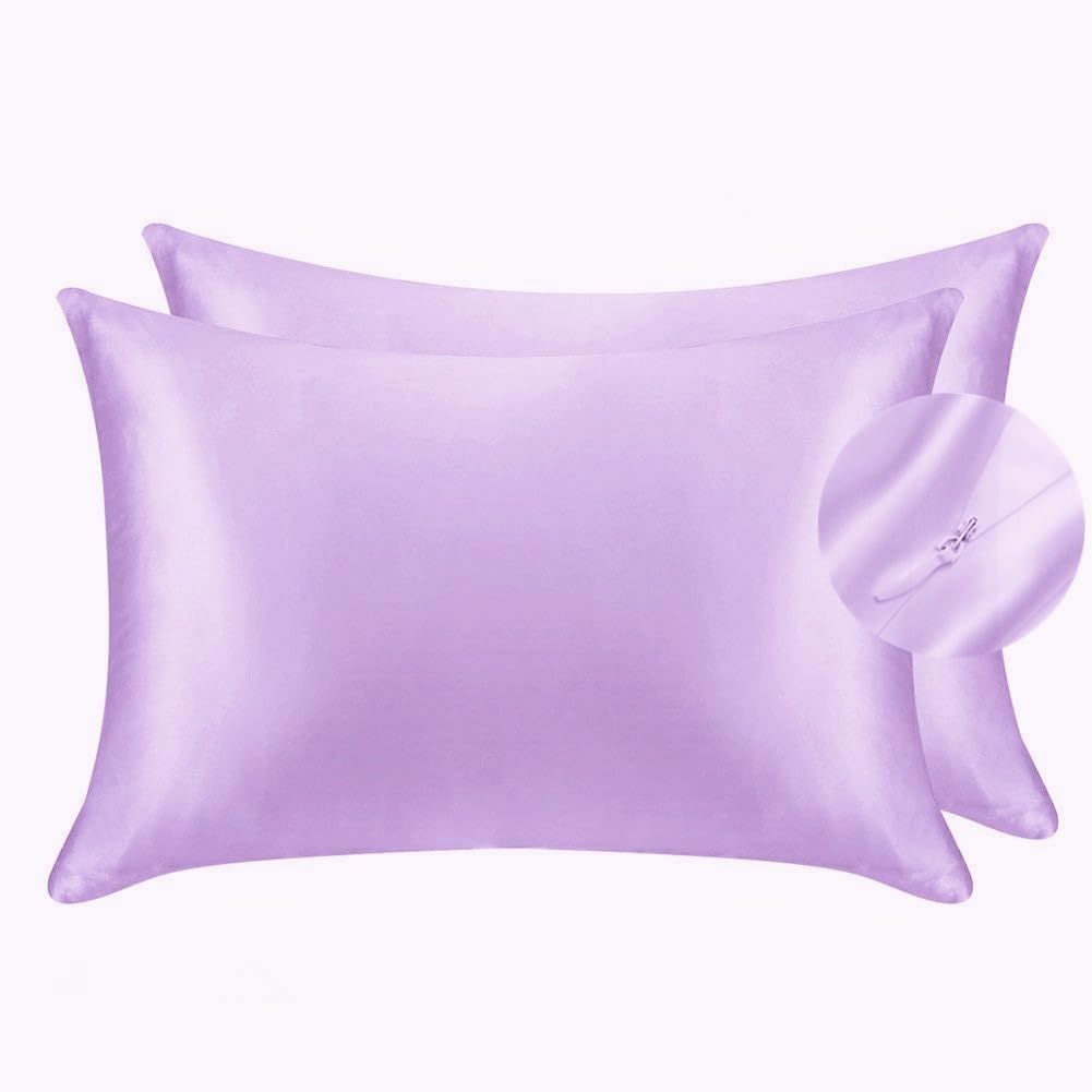JUWENIN,Luxury Satin Pillowcase with Zipper (Silky Satin Pillow Case for Hair) Set of 2 (King, Lavendar)