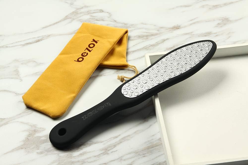 BEZOX Foot File (1 PCS), Double Sided Foot Scraper Callus Remover, Foot Rasp for Cracked Heel and Foot Corn Removal, Stainless Steel Pedicure File W/Cloth Storage Bag