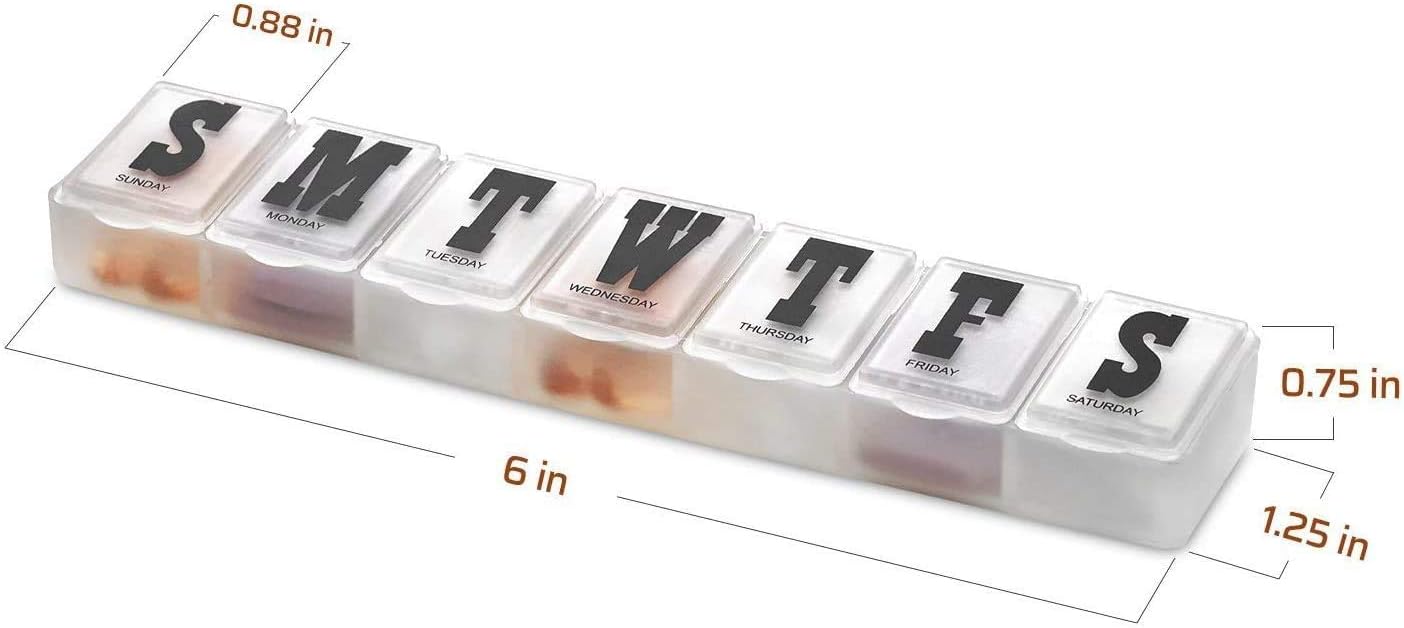 Pill Organizers - Pack of 4 Bold Letter Weekly Pill Planners for 28 Days Total to Separate Supplements, Fish Oils & Vitamins Daily Medication Reminder for Travel & Purse