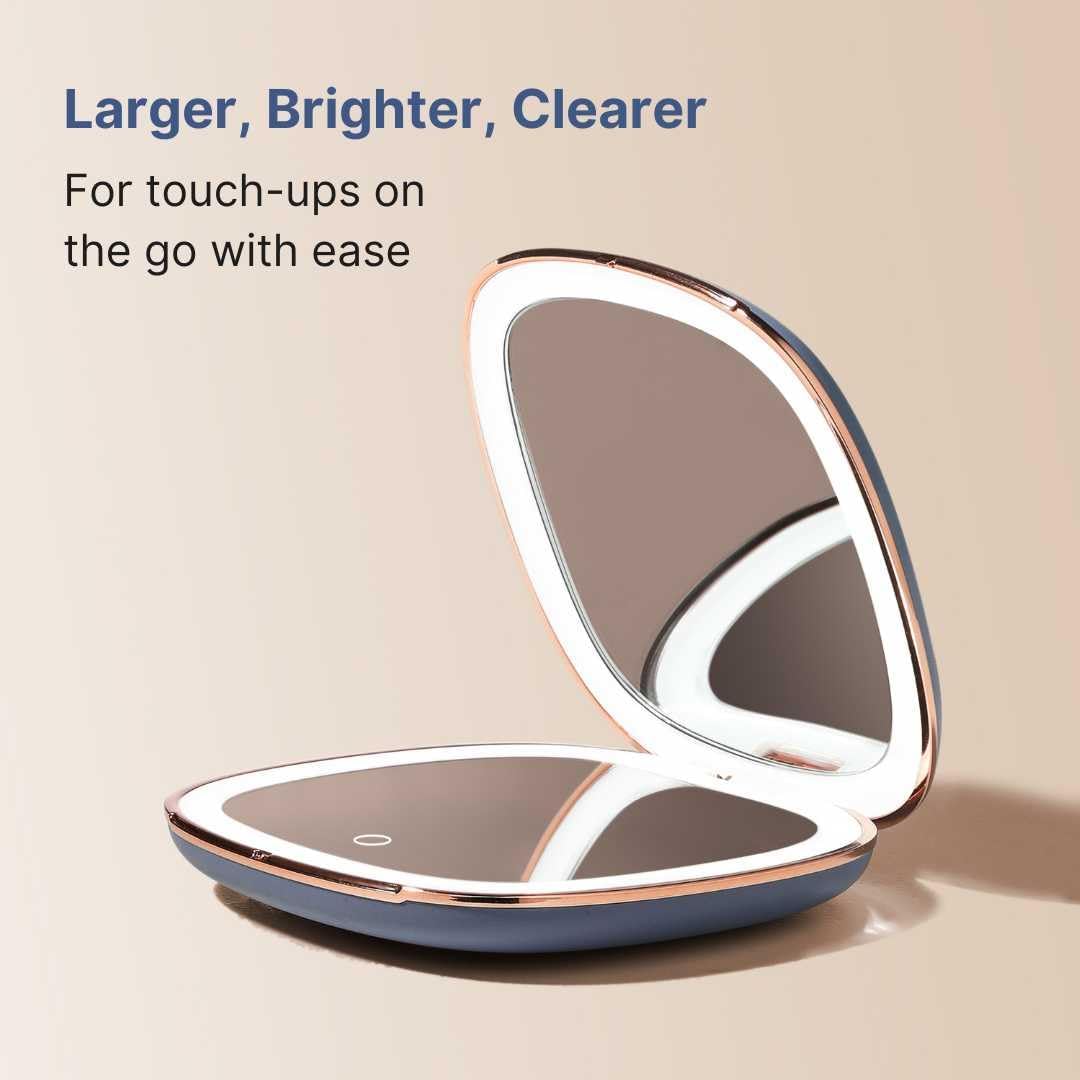 Fancii Mila 2 LED Lighted Compact Makeup Mirror, Rechargeable, 10x /1x Magnifying, Tru-Glow Light System, Vegan Leather, Small Travel Mirror for Purses (Harbor Blue)