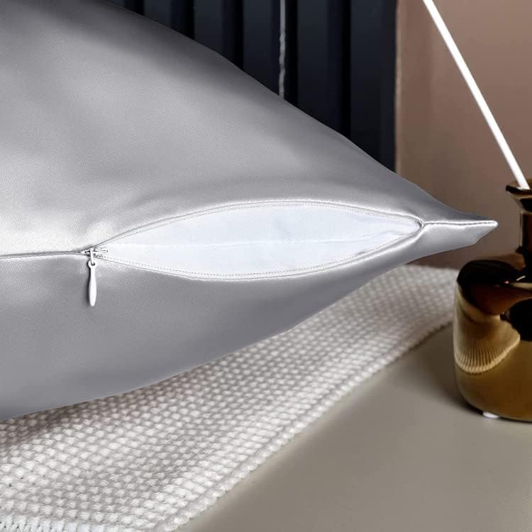 Satin Silk Pillowcase for Hair and Skin, Black Pillow Cases Standard Size Set of 4 Pack Super Soft Pillow Case with Zipper Closure (Silver, Queen(4 Pack))