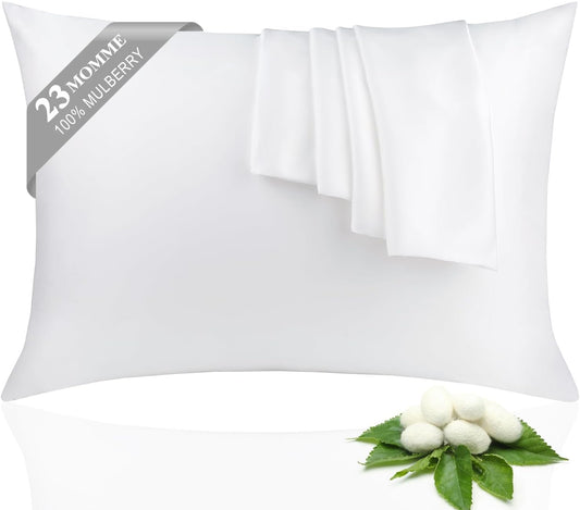 100% Silk Pillowcase 2 Pack for Hair and Skin, Both Sides 23 Momme Grade 6A+ Mulberry Silk Pillowcases with Hidden Zipper, Soft&Smooth Cooling Pillow Cases (White, Queen 20×30)