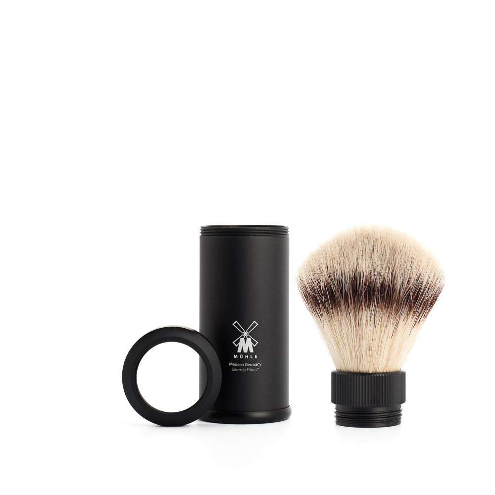 MÜHLE Travel Black Aluminum Silvertip Fibre Shaving Brush - Portable Synthetic Luxury Shave Brush for Men, Rich Lather