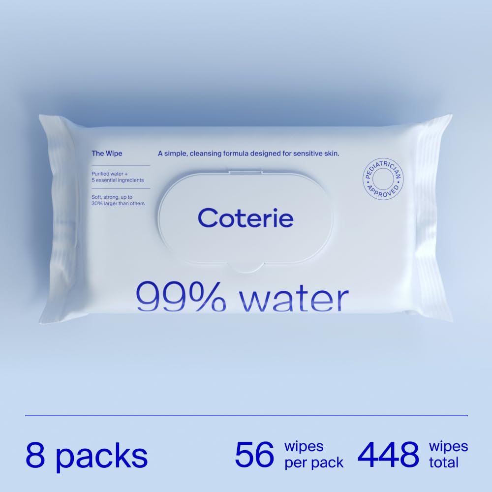 Coterie Baby Wipes for Sensitive Skin, Plant-Based and Plastic-Free Fibers, 99% Water, Hypoallergenic, pH Balanced, Unscented, Clean and Gentle Baby Essentials, 8 Pack, 448 Count
