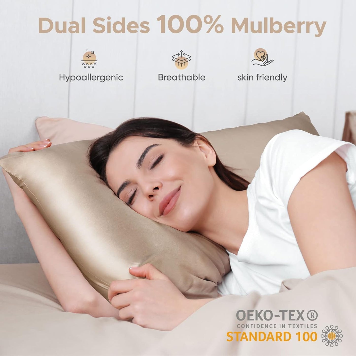 100% Pure Mulberry Silk Pillowcase for Hair and Skin - Allergen Resistant Dual Sides,600 Thread Count Silk Bed Pillow Cases with Hidden Zipper,1pc,Queen Size,Taupe