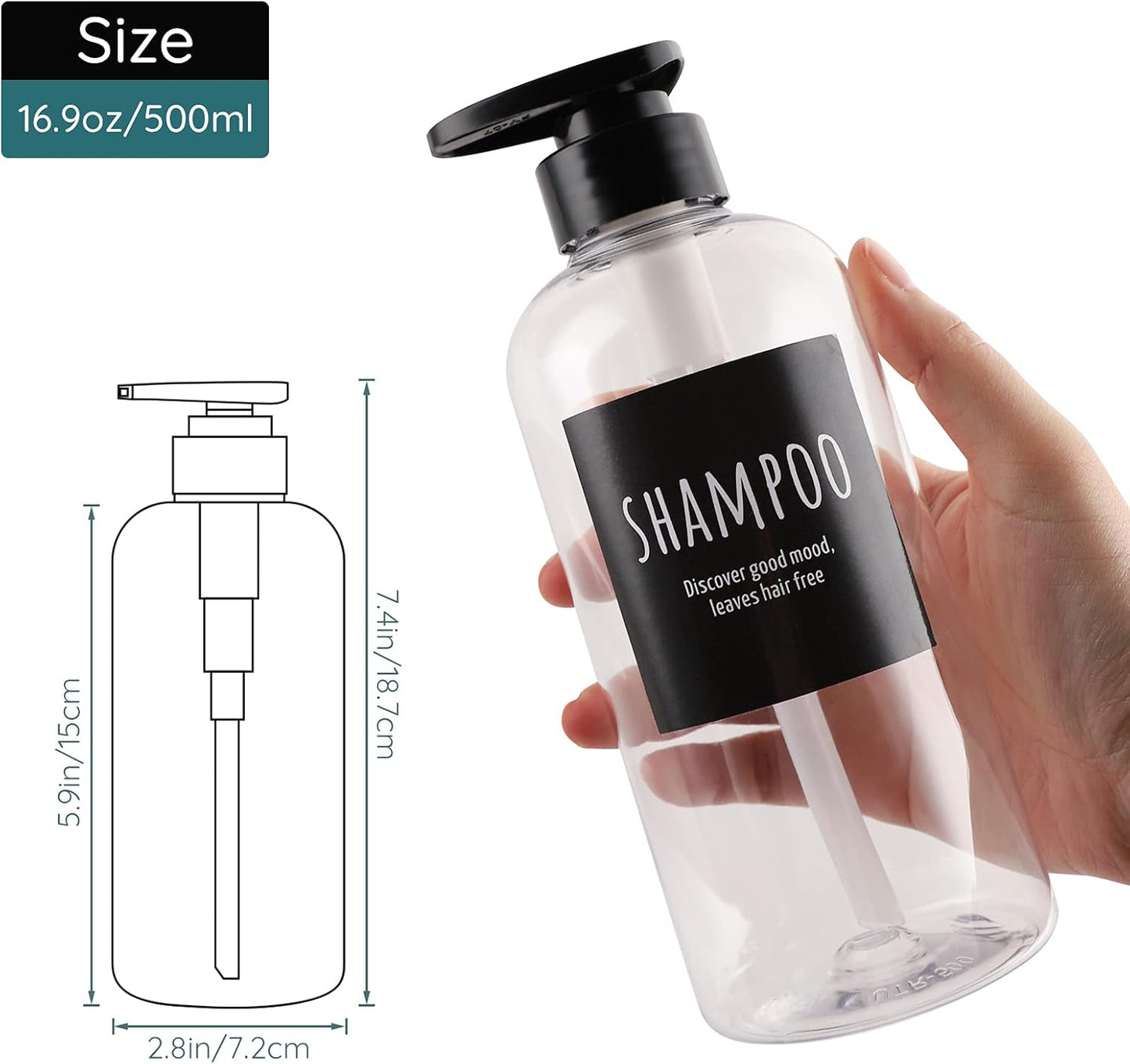 Shower Bottles with 2 Extra Pumps, Segbeauty 3 Packs of 16.9oz Shampoo and Conditioner Bottles with Funnel, 500ml Clear Refillable Bathroom Body Wash Dispenser, Reusable PET Squeeze Bottles with Pump