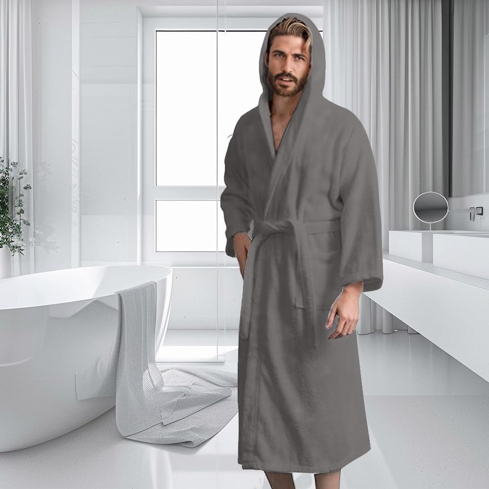 Men’s Hooded Bathrobe, 100% Cotton Terry Bathrobe, Spa Style Bath Robe, Absorbent Shower Robe, Lightweight Towel Bathrobes