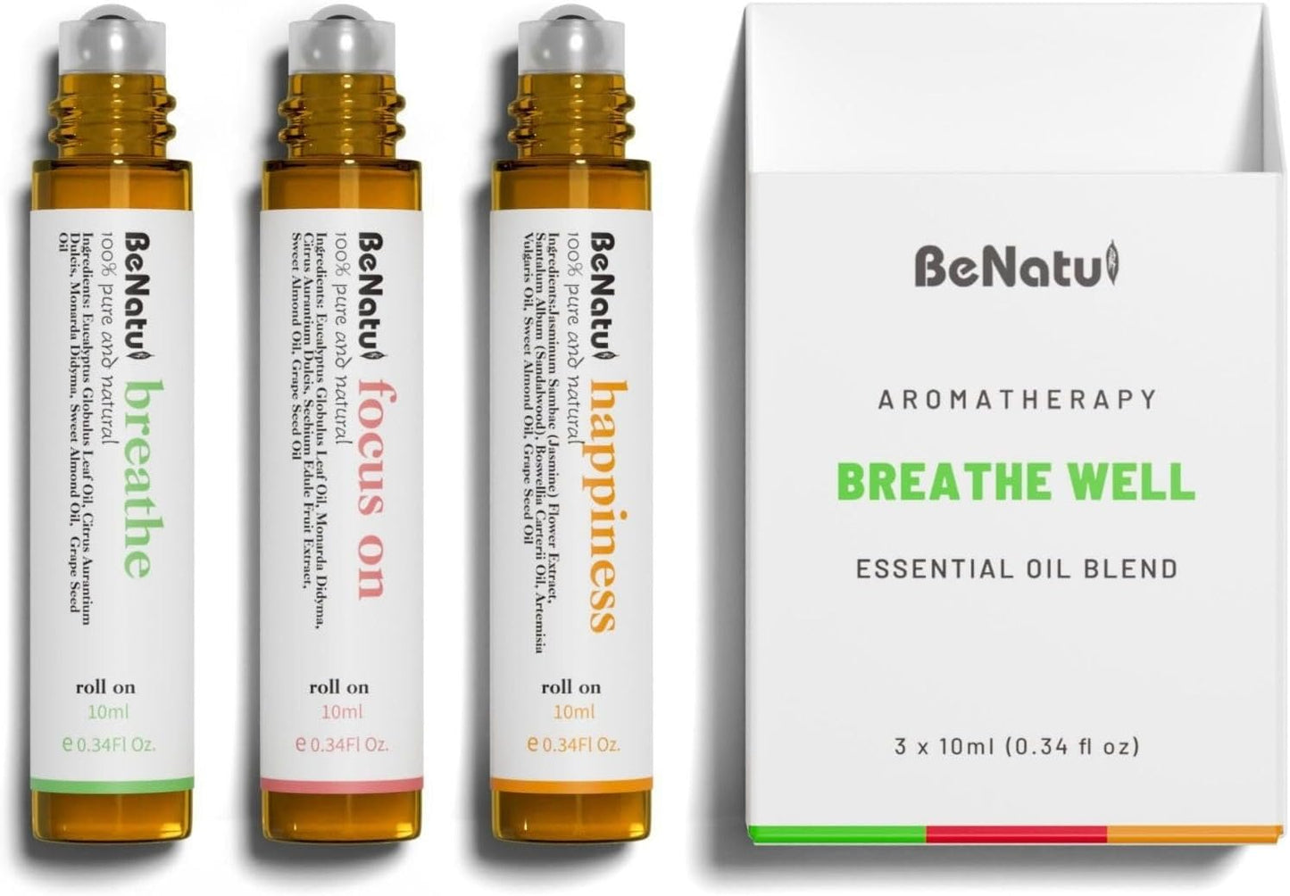 Benatu Essential Oil Blends Set (Breathe, Focus on, Happiness), Natural Aromatherapy Roll On for Massage, Body Skin Care, Home - Natural Fragrance Gift Roller for Women and Men