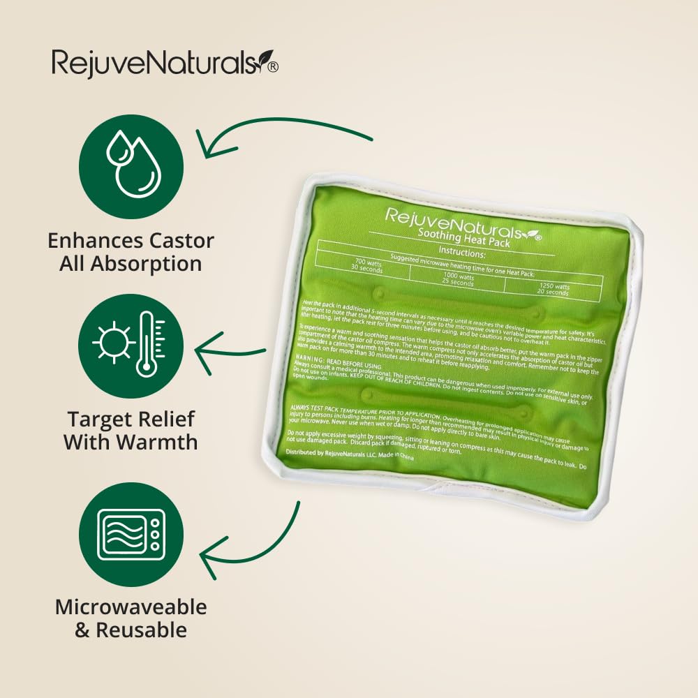 Castor Oil Pack - 8 Piece Complete Kit. Includes 16oz Glass Bottle of Organic Castor Oil, Easy to use Organic Cotton Compress with Adjustable Fit, 5 Soft Cotton Pads & Soothing Heat Pack..