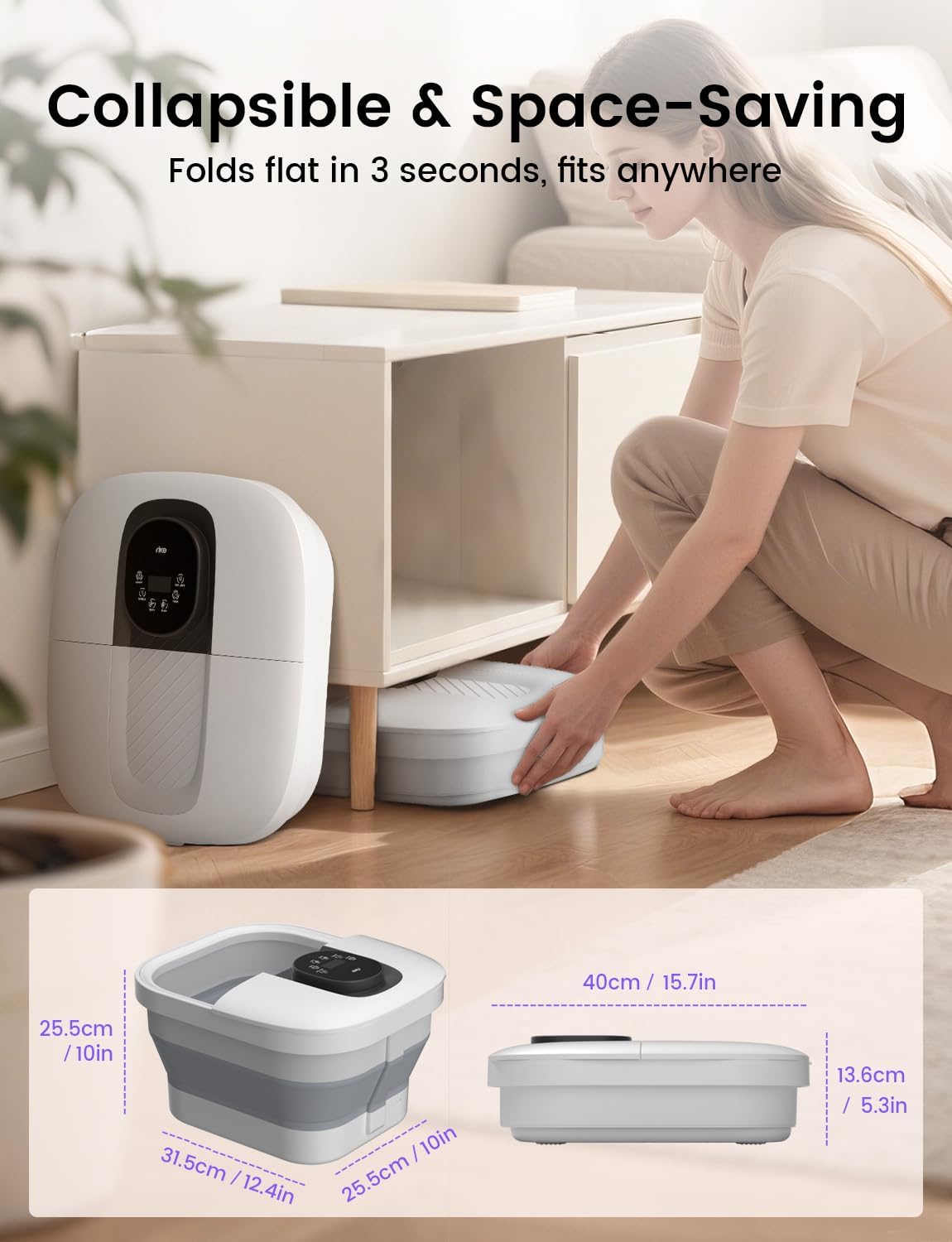 RIKE Collapsible Foot Spa with Heat, Bubbles, 24-Level Temp Control, Red Light, Timer, Foot Soaking Tub with 6 Shiatsu Rollers & Pumice Stone, Foot Bath Massager Pedicure FootSpa for Stress Relief