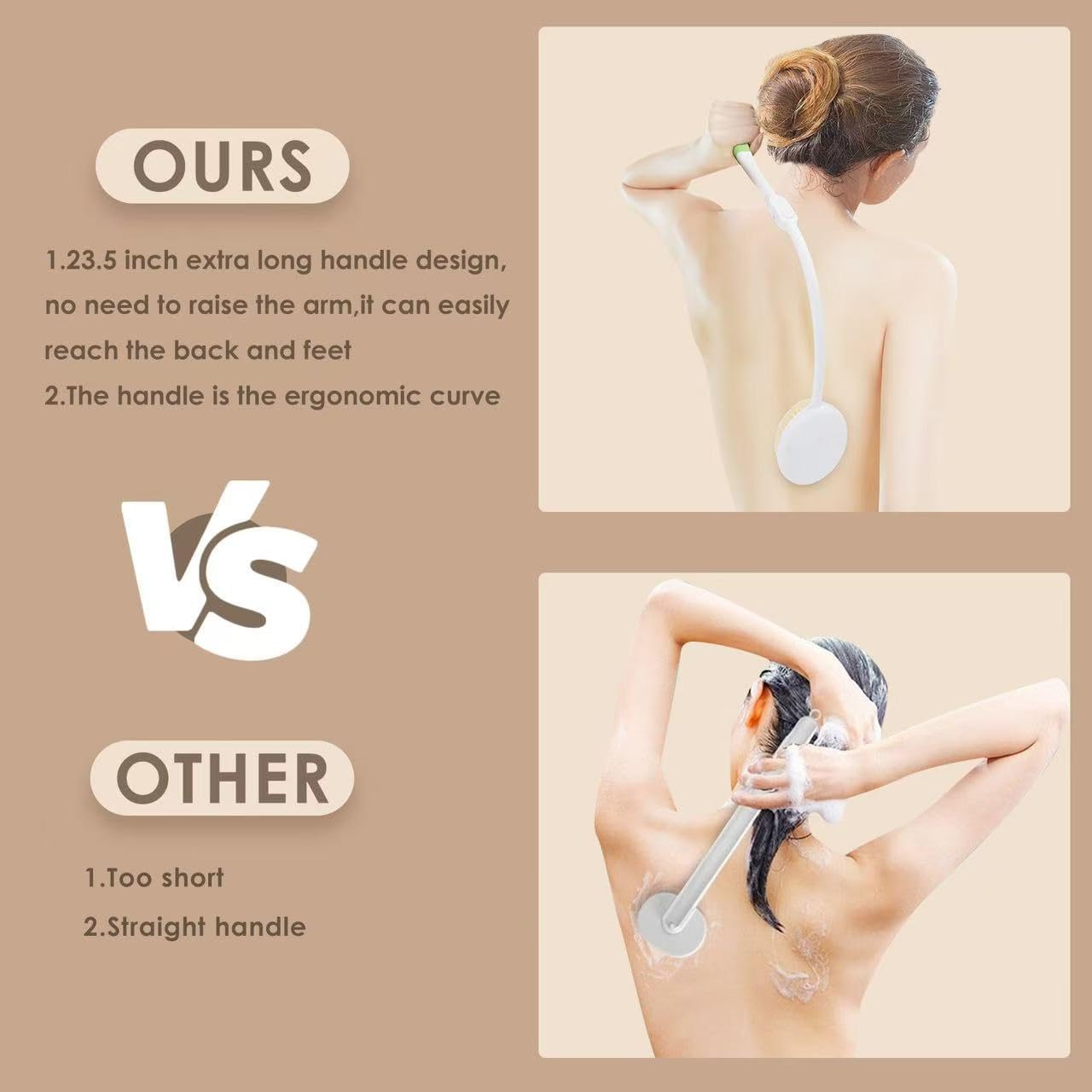 Back Scrubber Bath Brush for Shower Curved Long Handle, Foldable Handled Shower Body Brush Whith Absorbent Microfiber Bag Can Quickly Dry Your Back