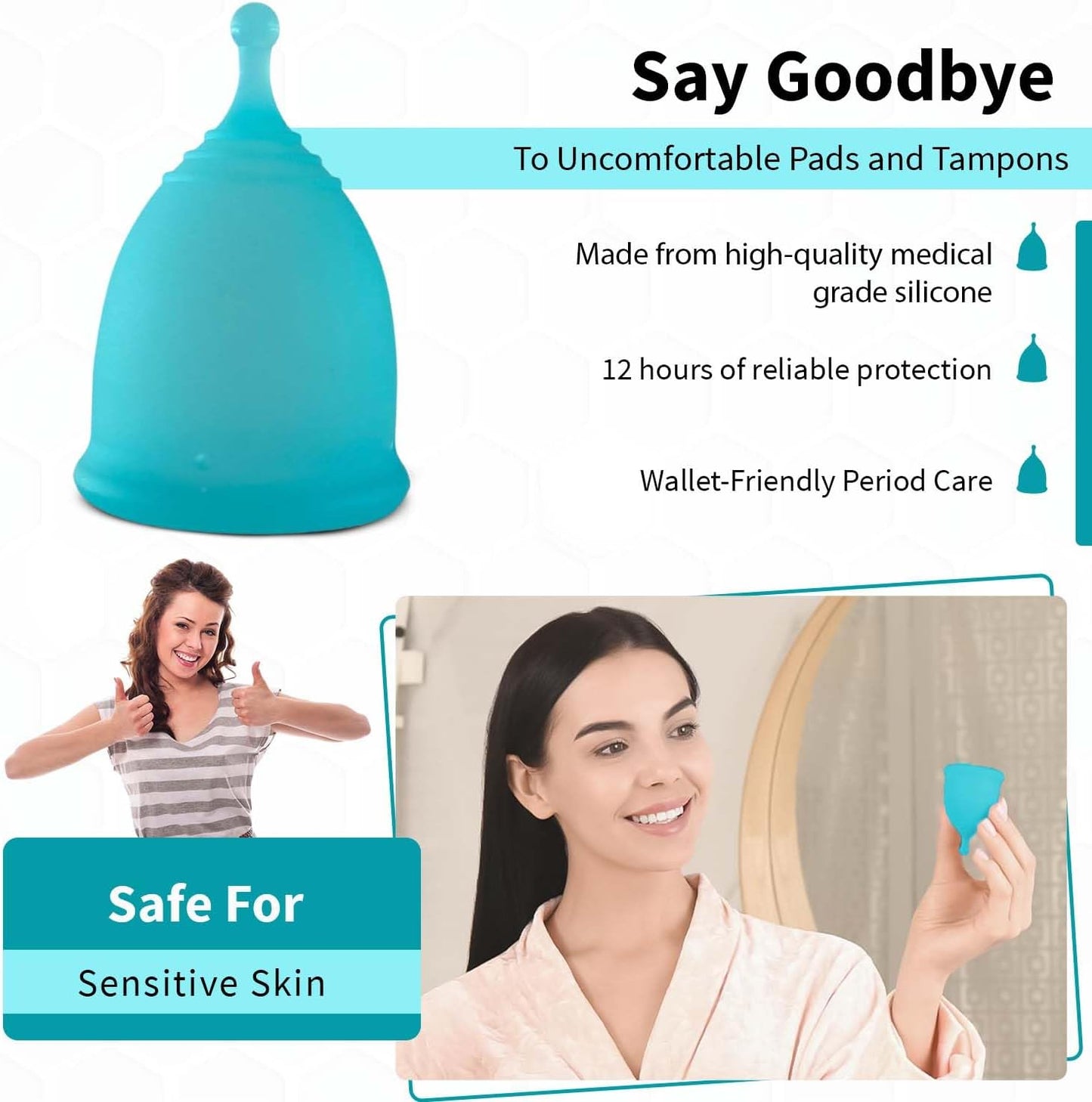 Angel's Peel Lounge Menstrual Cup for Women - 100% Medical-Grade Leak-Free Soft & Flexible Silicone Cup - 12 Hour Leak Protection Eco-Friendly & Reusable Period Cups for Women - Blue - Large
