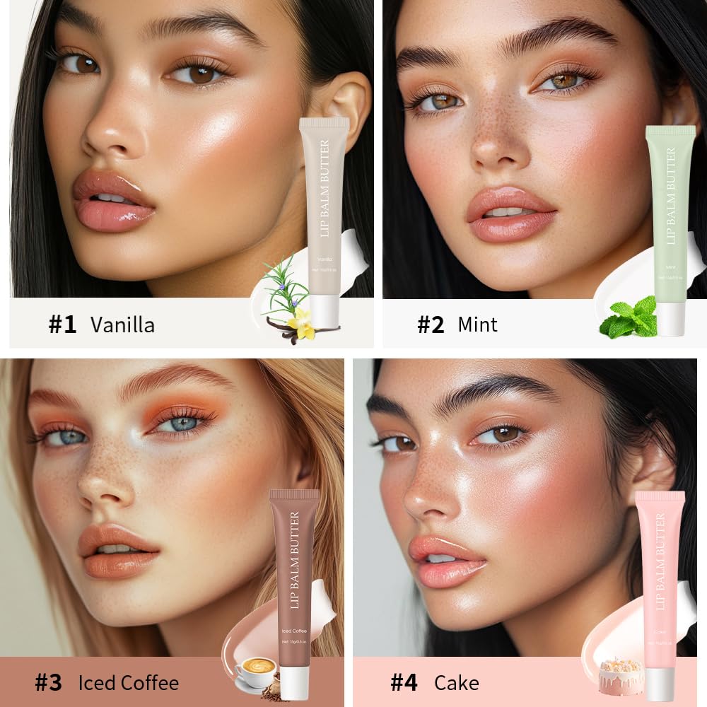 Summer Lip Glossy Butter Lip Balm, Lip Gloss Set, Soothing Lip Skincare, Instant Moisture, Lightweight, Nourish, Hydrate, Moisturizing Tint, Non-Sticky, Long-lasting (4Colors, Large)