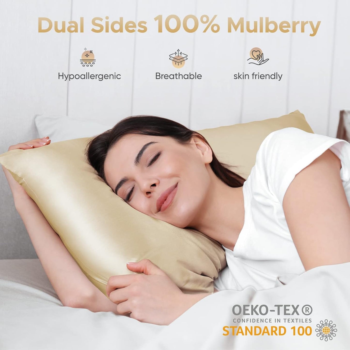 100% Pure Mulberry Silk Pillowcase for Hair and Skin - Allergen Resistant Dual Sides,600 Thread Count Silk Bed Pillow Cases with Hidden Zipper,1pc,Queen Size,Champagne