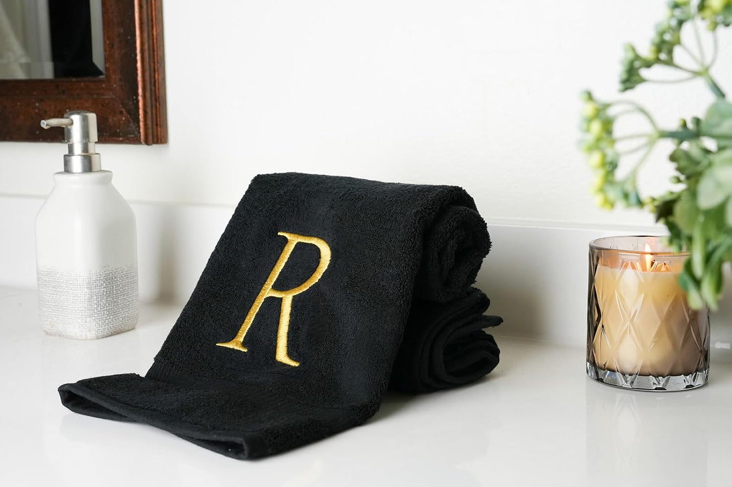 Gold and Black Monogrammed Hand Towel - Monogram Initial Hotel Quality Decorative Embroidered Luxury Towel for Powder Room, Spa - GOTS Organic Certified - Pack of 2, Letter R