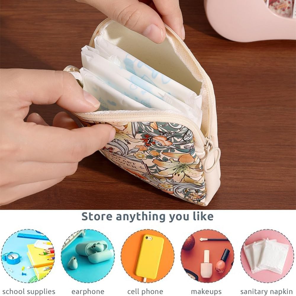Sanitary Napkin Storage Bags,Portable Menstrual Cup Nursing Pad Tampon Storage Pouch,Leather Oil Painting Flower Travel Makeup Bags Coin Purse Sundries Pouch with Zipper