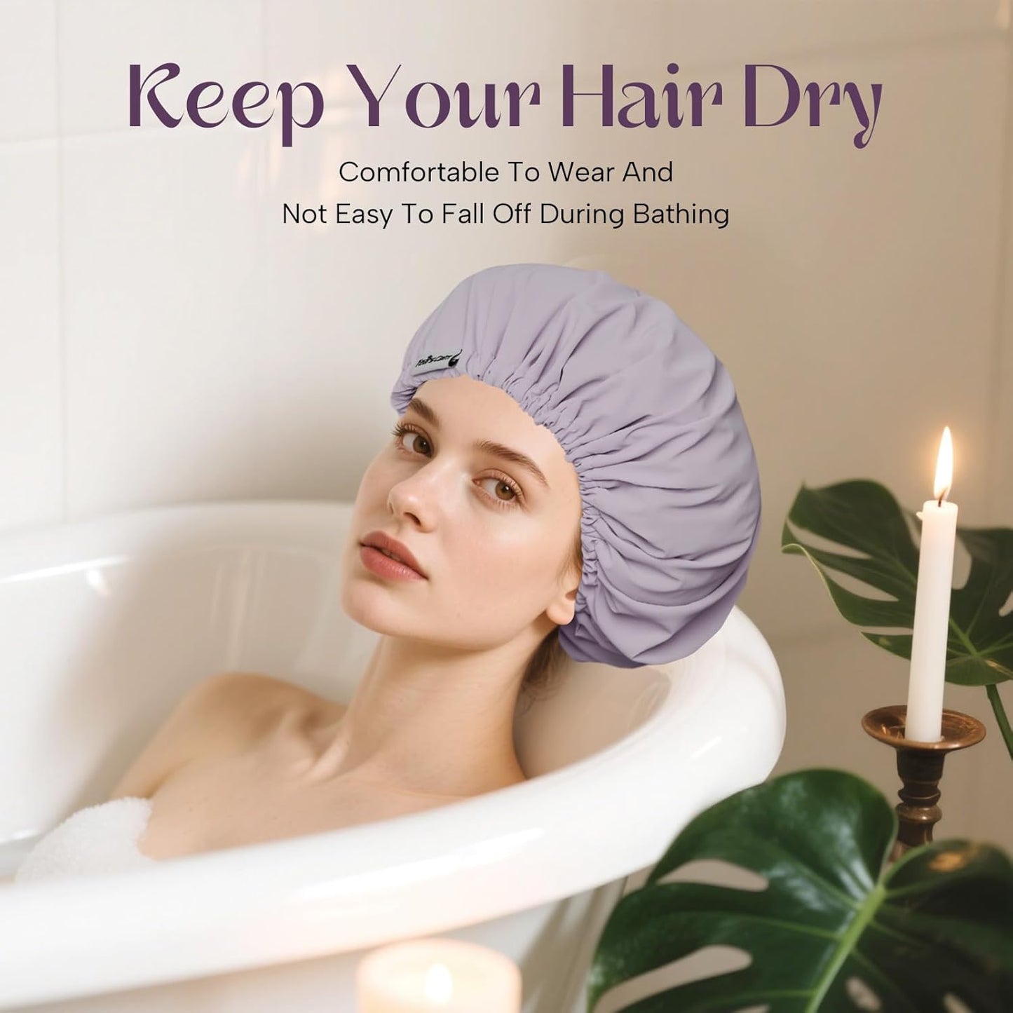 Years calm Shower Cap Reusable Waterproof, Double-Layer Hair Cap, with Elastic Band, Ideal for Shower, Spa, Travel & Cleaning (Light purple, One Size)