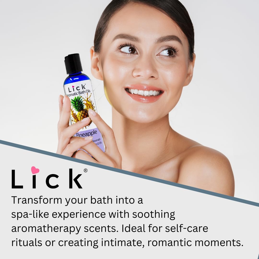 Lick Pineapple Aromatic Bath Oil - Natural Sweet Almond, Vitamin E & Jojoba Oils for Luxurious Experience for Women. Moisturizes Dry Skin, 12 Enchanting Aromas, Paraben Free, Made in USA 4 fl oz