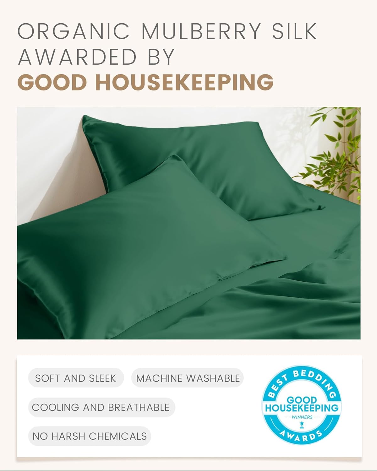 THXSILK Set of 2 100% Mulberry Silk Pillowcase for Hair and Skin Health, Soft Breathable and Smooth Pillowcases with Hidden Zipper, Both Sides Premium Grade 6A+ Silk, Body Size 20"x54", Green