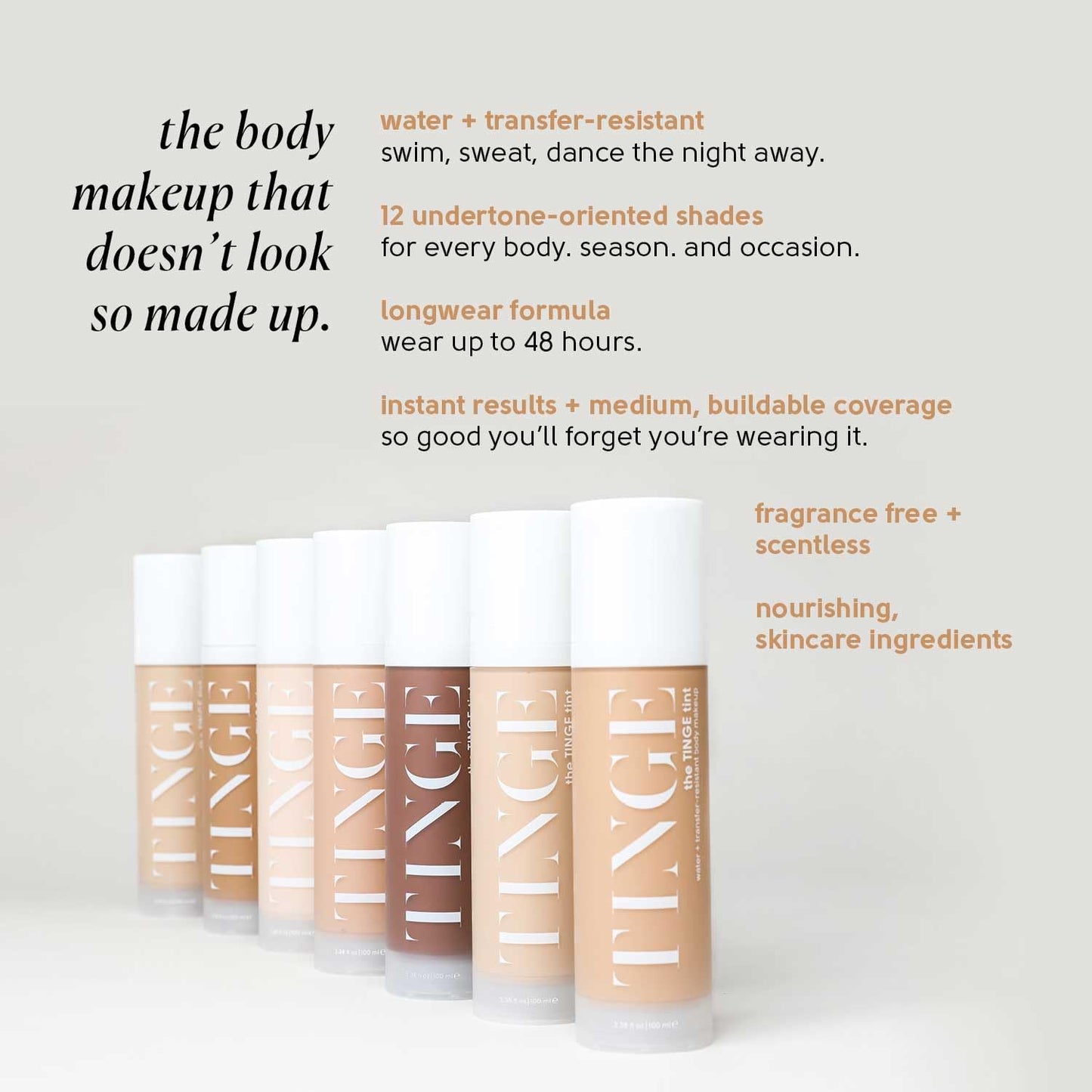 Tinge Tint Body Makeup, Lasts Up to 48 Hours, Medium Coverage Cream With Amino Acids, Hyaluronic Acid & Lysine, Semi Matte Finish, Water & Transfer Resistant, 3.38 Fl Oz - Tan Warm