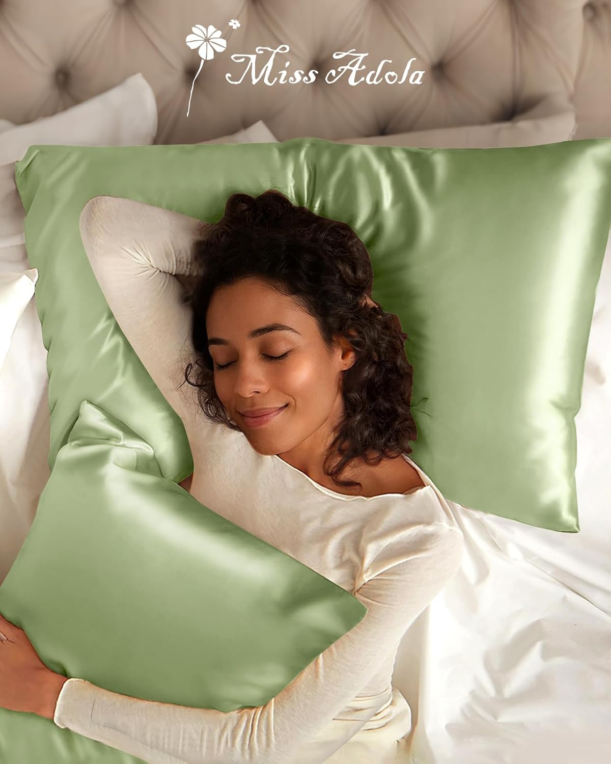 Silk Pillowcase 2 Pack - Pillow Cases Standard Set of 2 Size 20" x 26" for Hair and Skin Smooth Soft Breathable with Hidden Zipper Cooling Pillow Covers for Women, Light Green