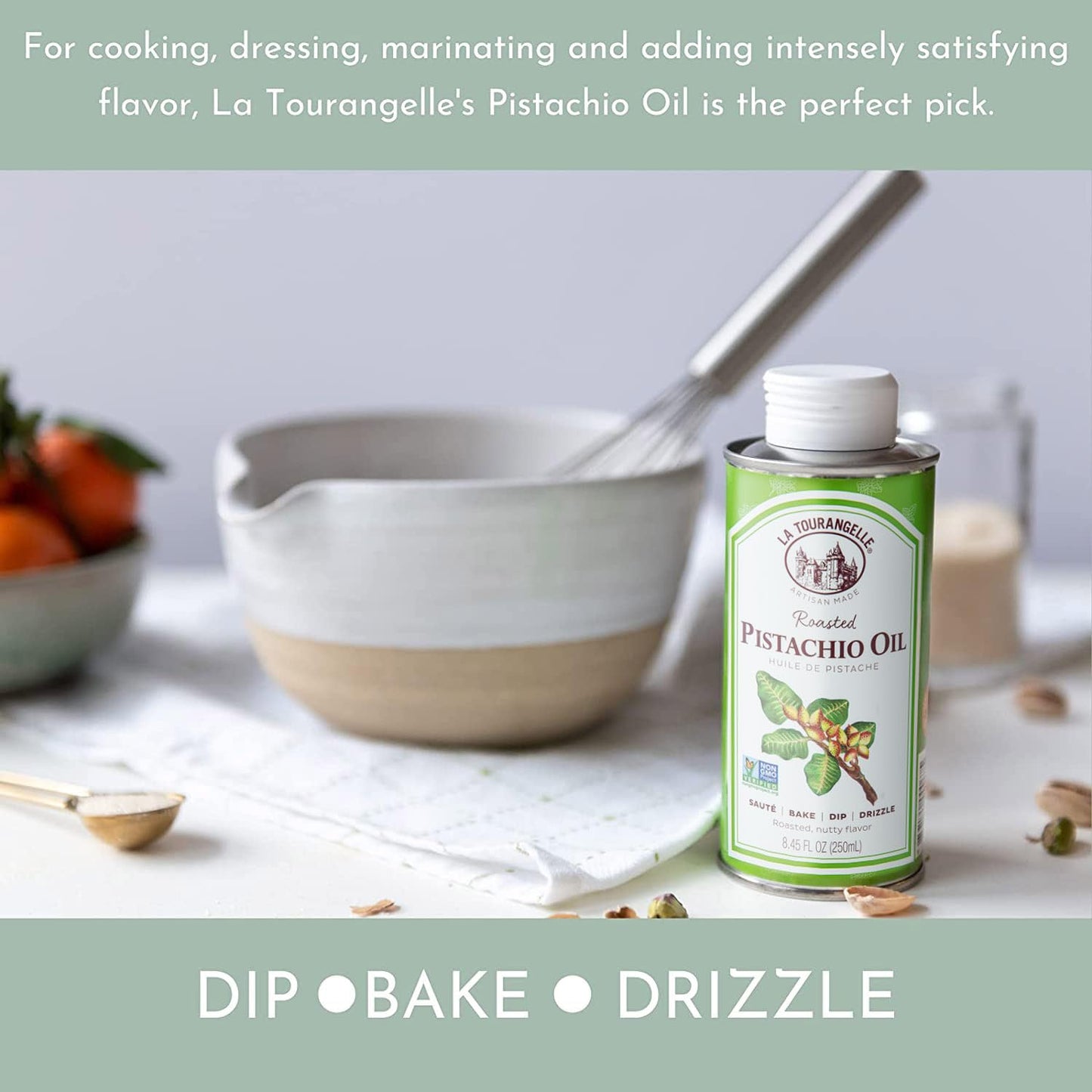 La Tourangelle, Roasted Pistachio Expeller-Pressed Oil for Cooking, Baking, and Beauty, Adds Flavor to Vinaigrettes, Sauces, Marinades, Green, 8.45 Fl Oz