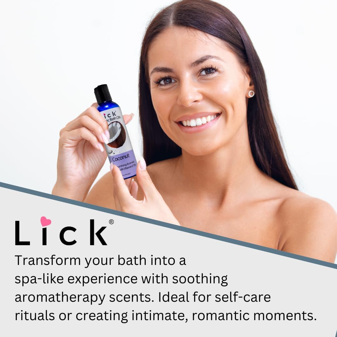 Lick Coconut Aromatic Bath Oil - Natural Sweet Almond, Vitamin E & Jojoba Oils for Luxurious Experience for Women. Moisturizes Dry Skin, 12 Enchanting Aromas, Paraben Free, Made in USA 4 fl oz