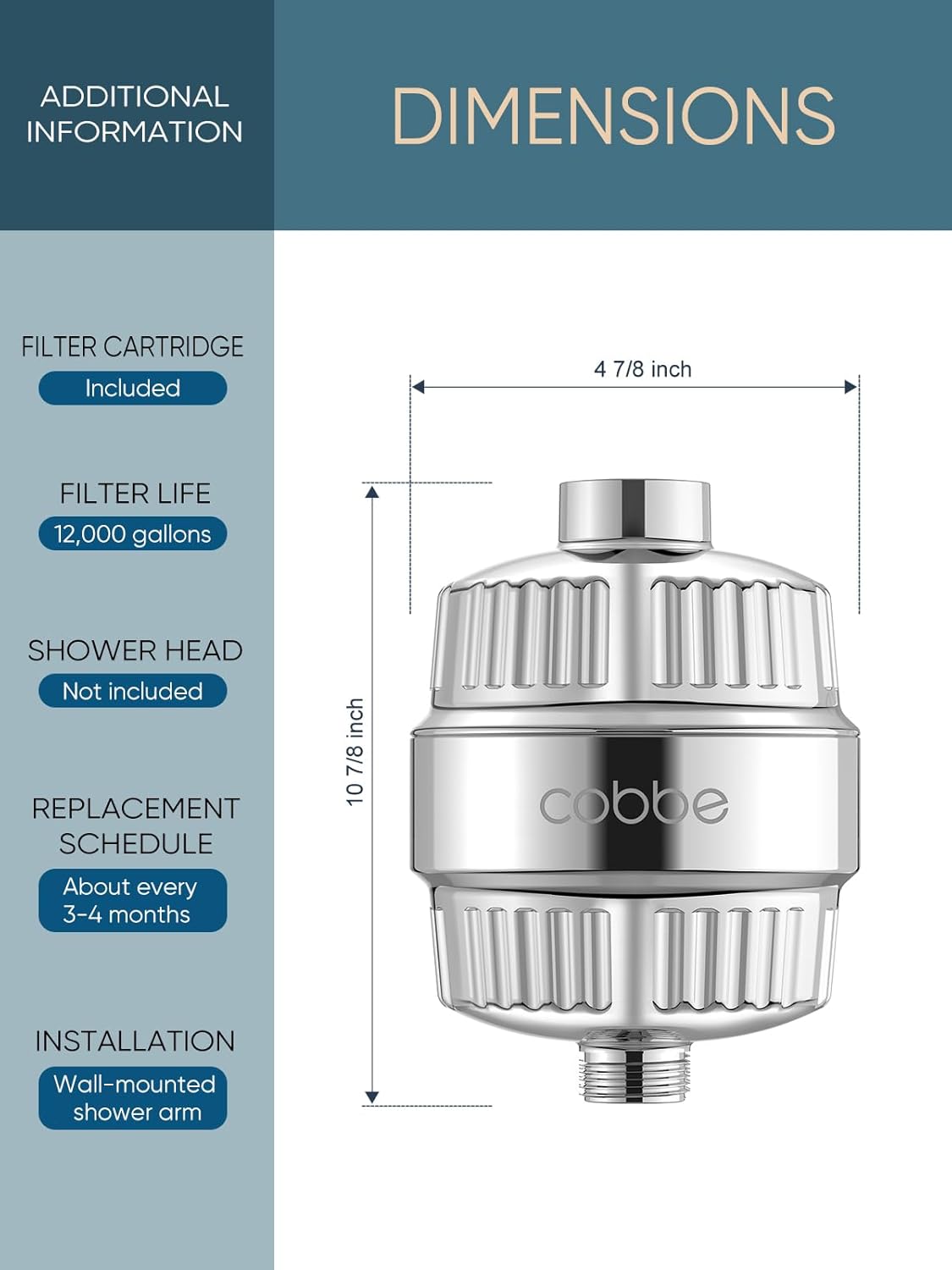 Cobbe High Output Shower Filter for Hard Water - Extra 2 Replaceable Cartridges - Removing Chlorine and Harmful Substance, and Dramatically Improves The Condition of Your Skin, Hair and Nails - Chrome