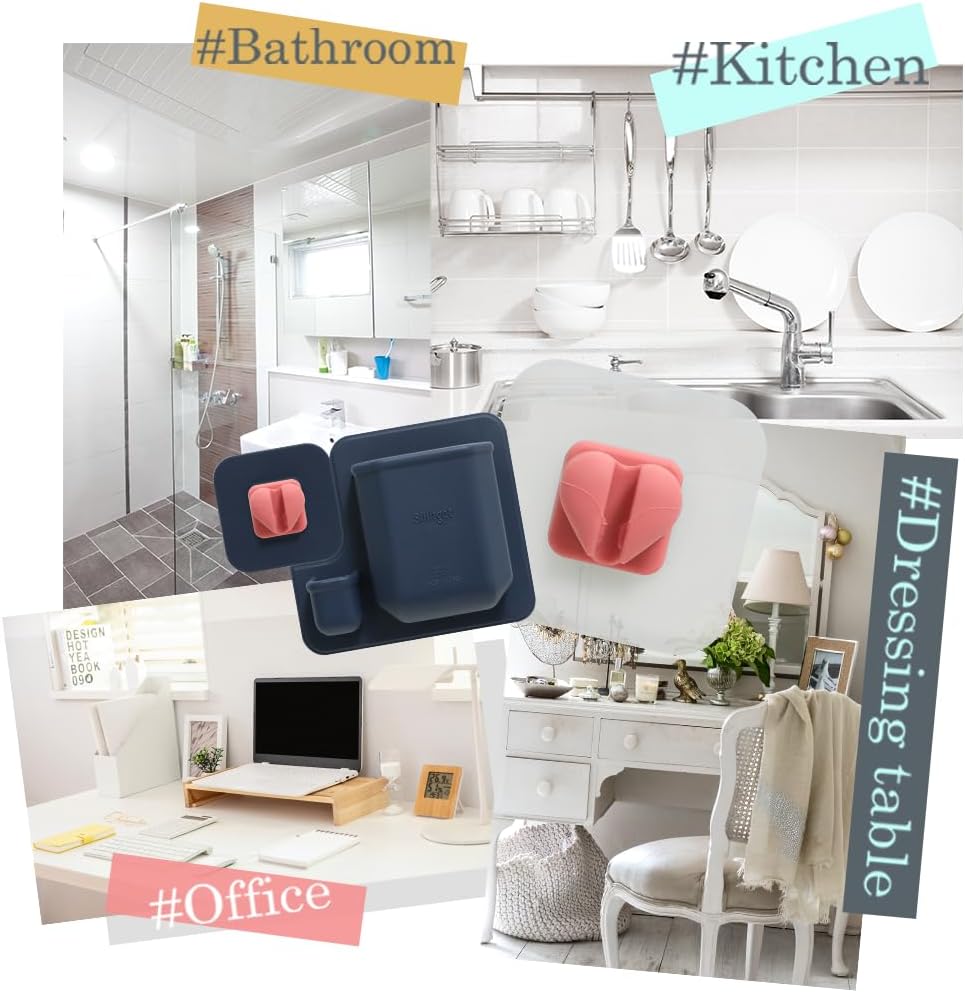 Silicone Wall Mounted Organizer - Made in Korea, BPA Free - Storage with Hook - Bathroom and Living Room, Remote Control & Shower Caddy (Cupid(Navy), Poket Holder(Navy))