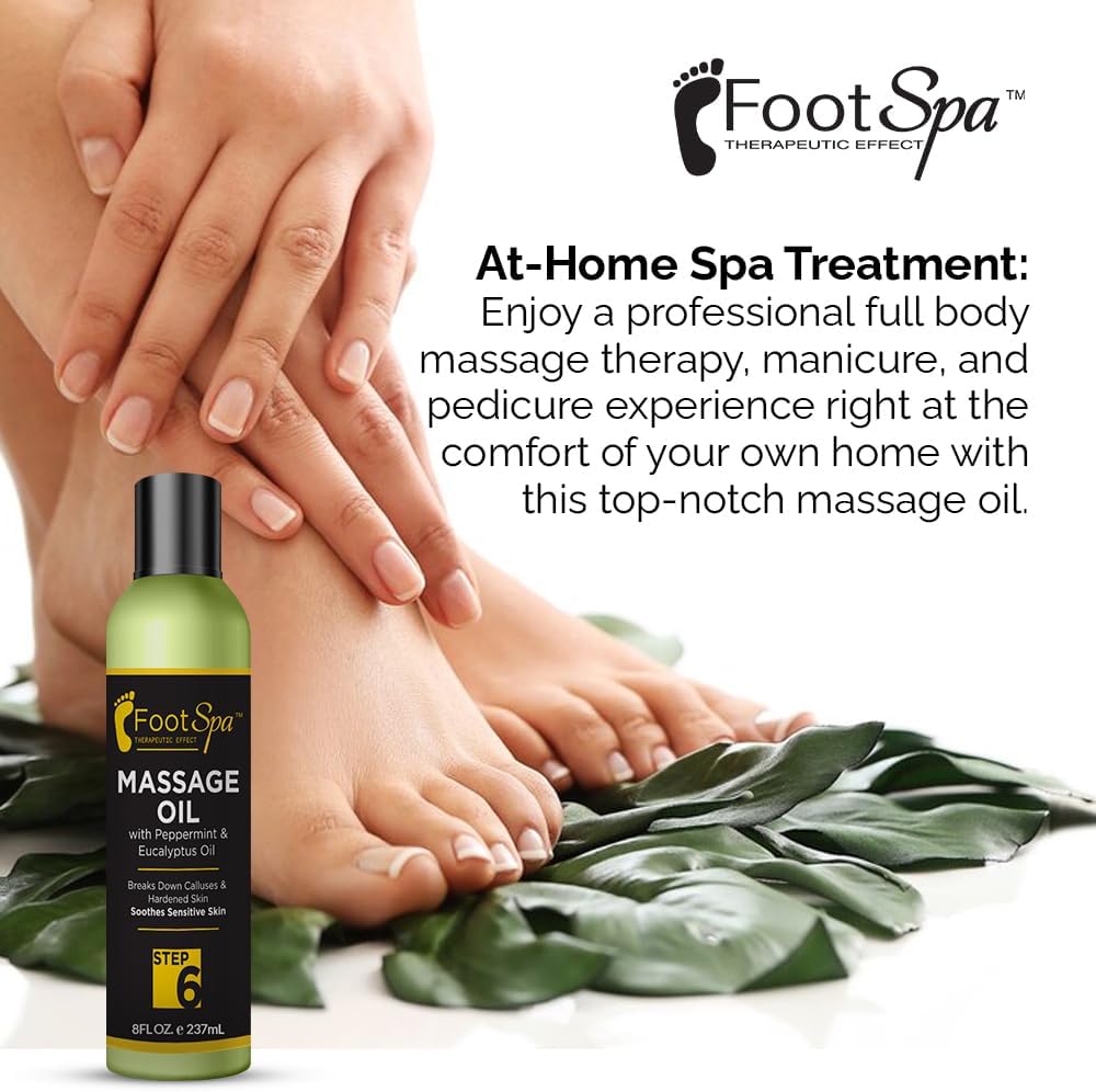 Foot SPA - Massage Oil, with Tea Tree, Pepper Mint, Eucalyptus Oil, 8 Oz - Professional Full Body Massage Therapy, Manicure, Pedicure - Relax Sore Muscles and Repair Dry Skin