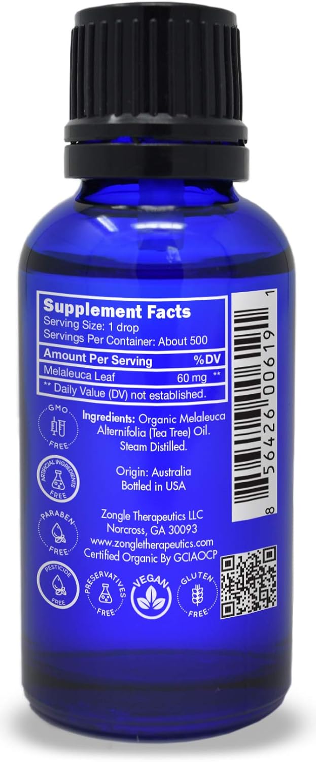 Organic, Tea Tree, Melaleuca, Oil, Food Grade – 100% Pure, Tea Tree Essential Oil, by Zongle Therapeutics, 1 OZ