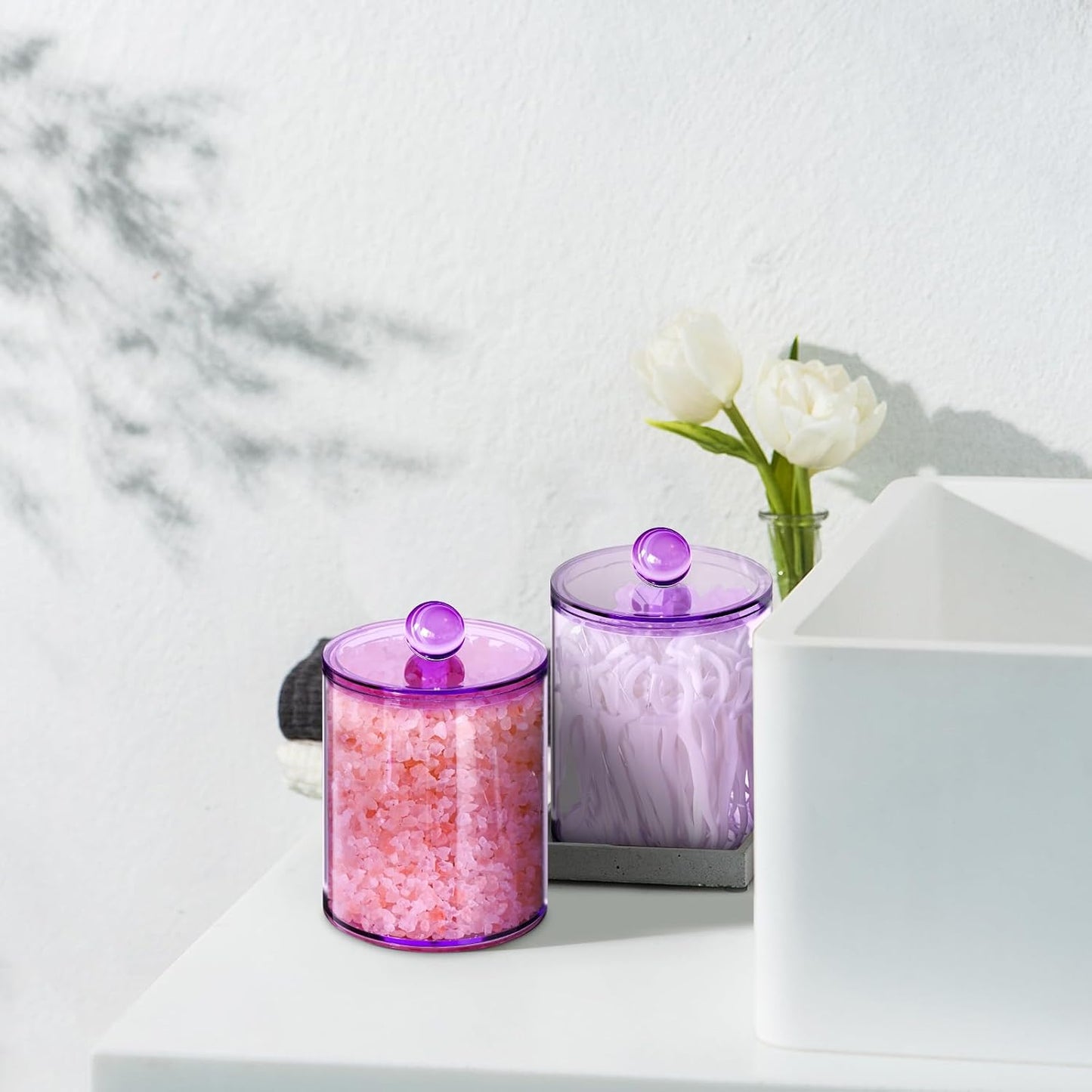 6 Pack Qtip Holder,Canister Apothecary Jar Set, Bathroom Jars with Lids Set for Cotton Swabs, Balls, Pads, Floss Picks,10oz-12oz Plastic Canisters Restroom Bedroom Vanity Organizer(Purple)