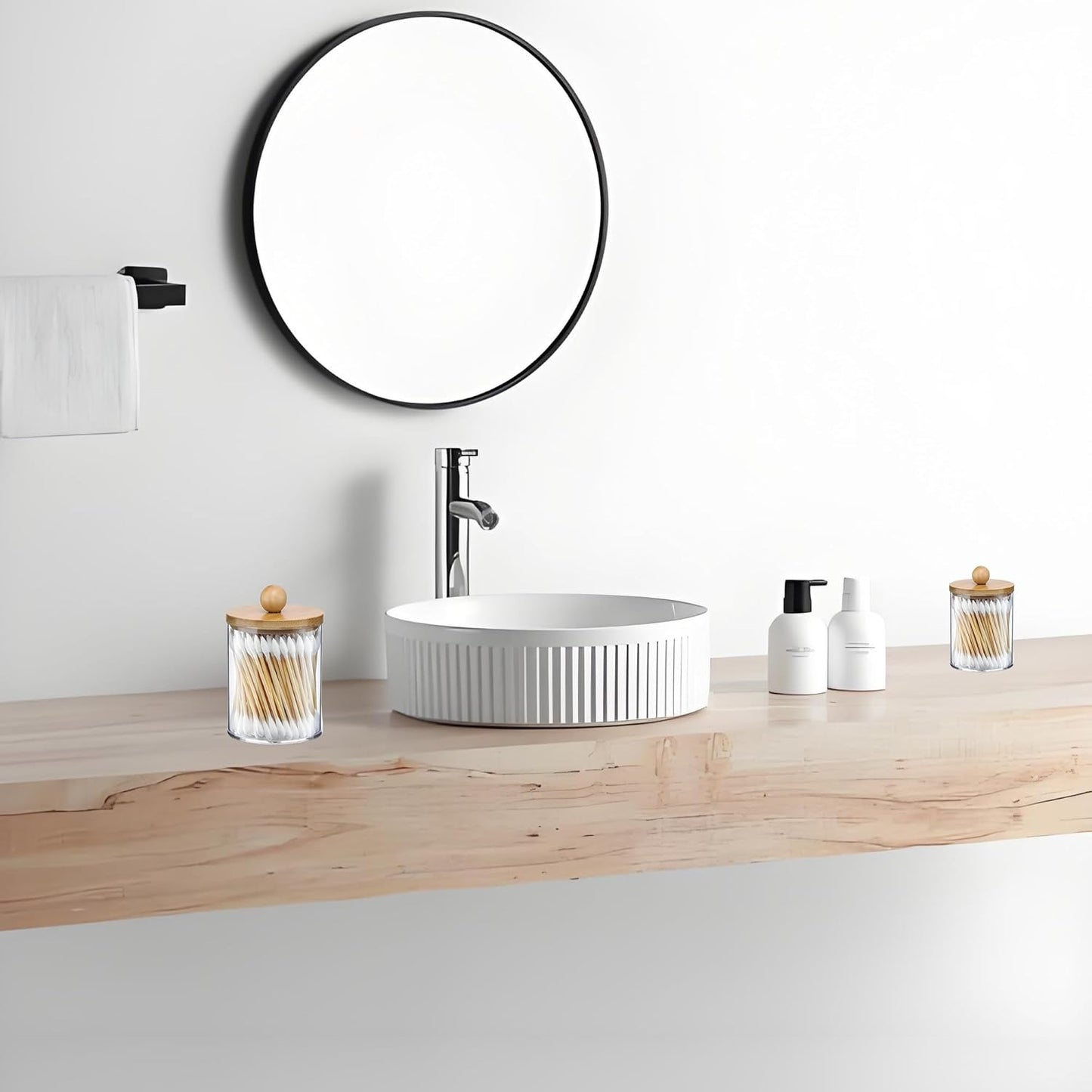 AXX Qtip Dispenser Apothecary Jars Bathroom - Qtip Holder Storage Canister Clear Plastic Jar for Cotton Swab,Q-Tips,Cotton Rounds (Bamboo 2Pcs)