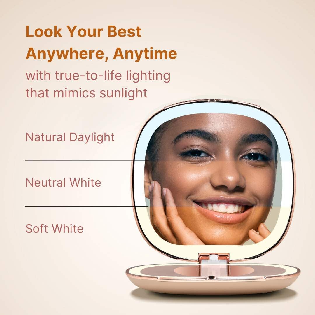 Fancii Mila 2 Compact Makeup Mirror with LED Light, Rechargeable, 10x /1x Magnifying, Tru-Glow Lighting System, Vegan Leather, Small Travel Mirror for Purses (Champagne Cream)