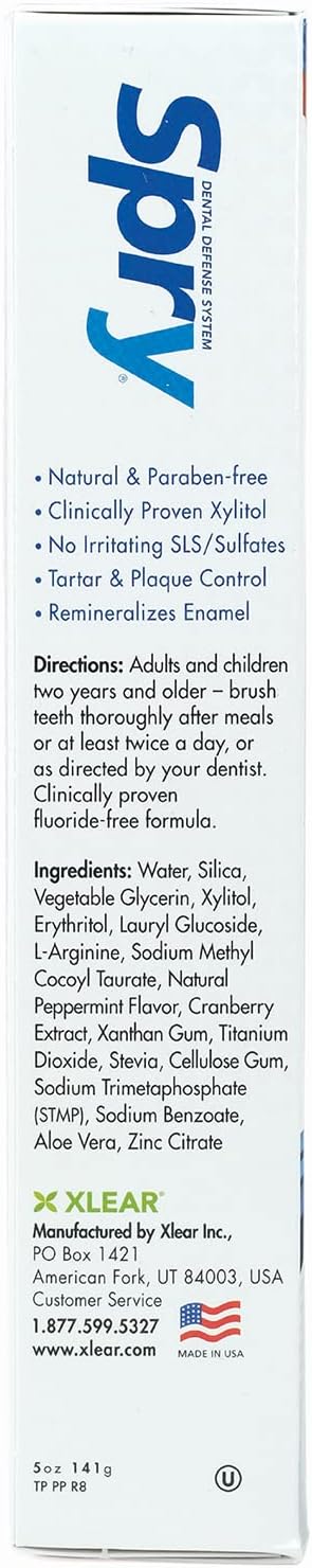Spry Natural Xylitol Toothpaste 5oz for Adults and Kids - Fluoride Free, Gentle for Sensitive Teeth Whitening and Remineralizing, Breath Freshening, Mouth Moisturizing, Peppermint (Pack of 1)