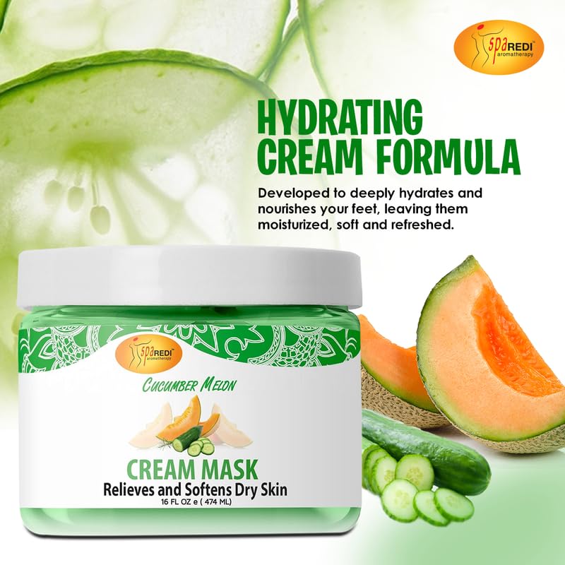 SPA REDI - Body and Foot Cream Mask, Cucumber and Melon, 16 Oz - Pedicure Massage for Tired Feet and Body, Hydrating, Fresh Skin - Infused with Hyaluronic Acid, Amino Acids, Panthenol