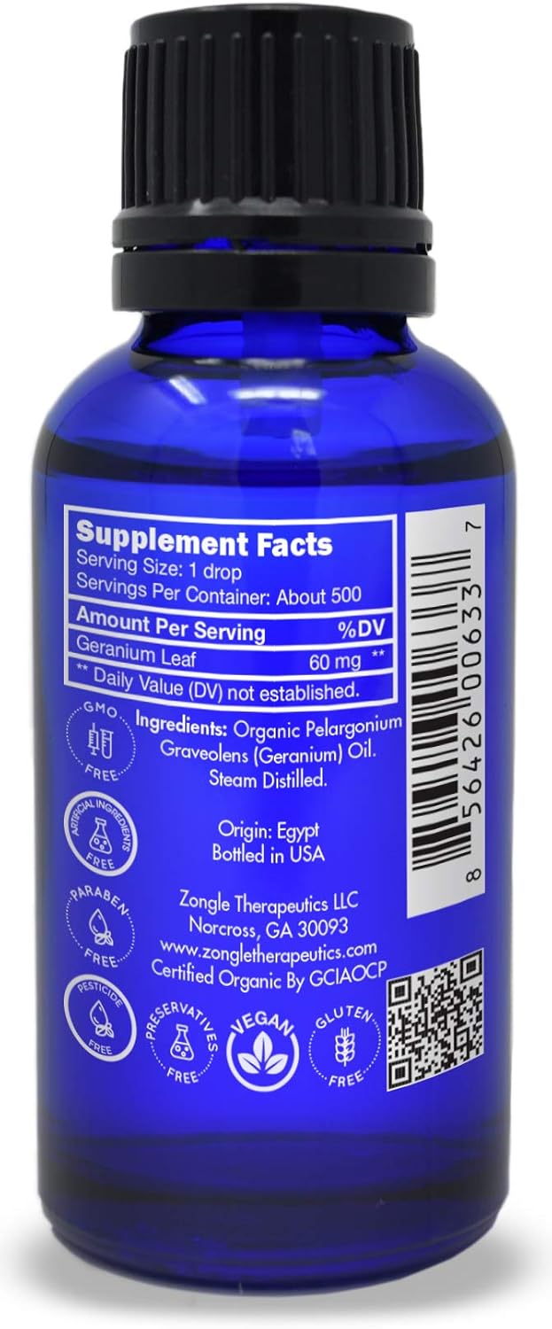 Organic, Geranium Essential Oil, Food Grade, for Skin – 100% Pure, Geranium Oil, by Zongle Therapeutics, 1 OZ