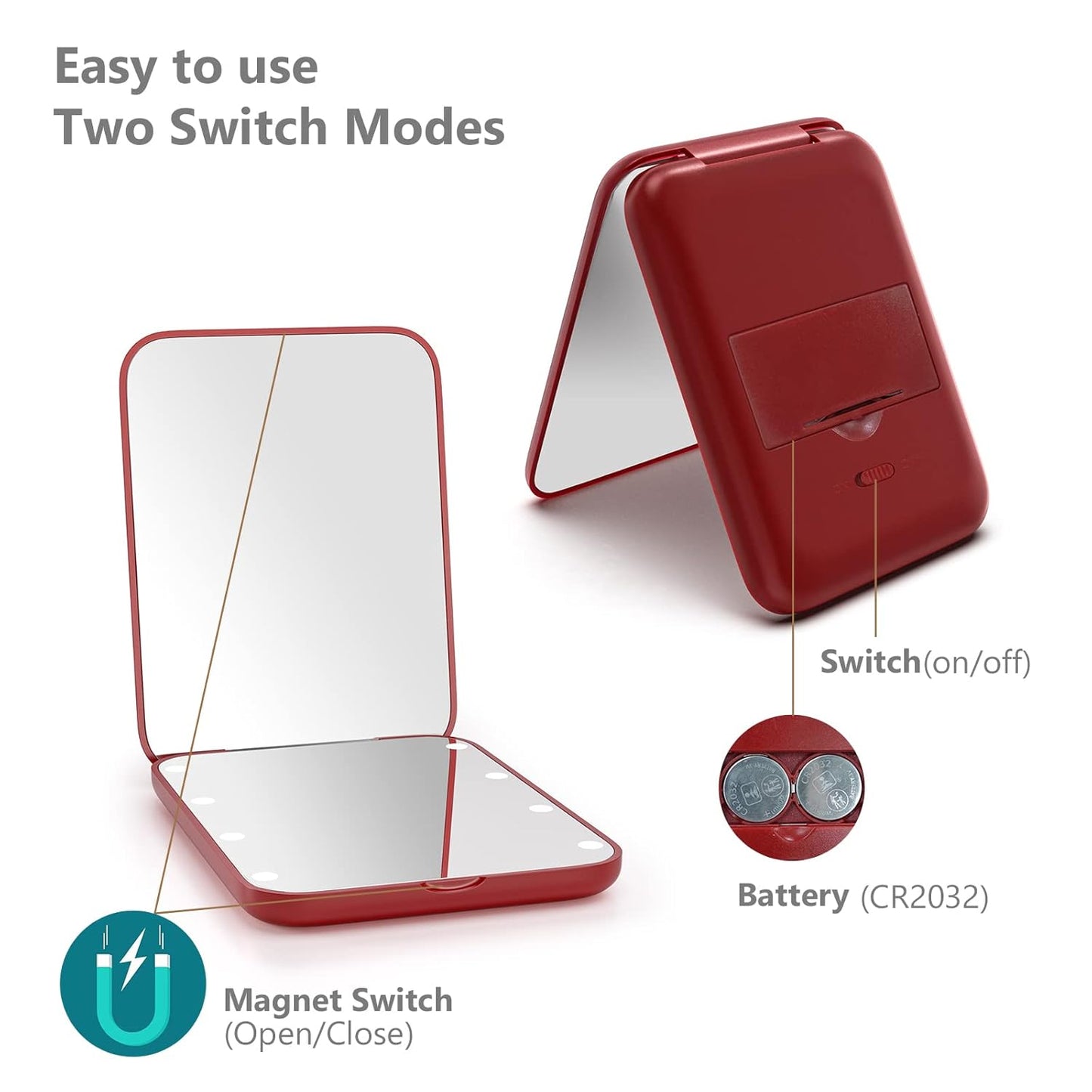 Kintion Pocket Mirror, 1X/3X Magnification LED Compact Travel Makeup Mirror with Light for Purse, 2-Sided, Portable, Folding, Handheld, Small Lighted Mirror for Gift, Wine Red