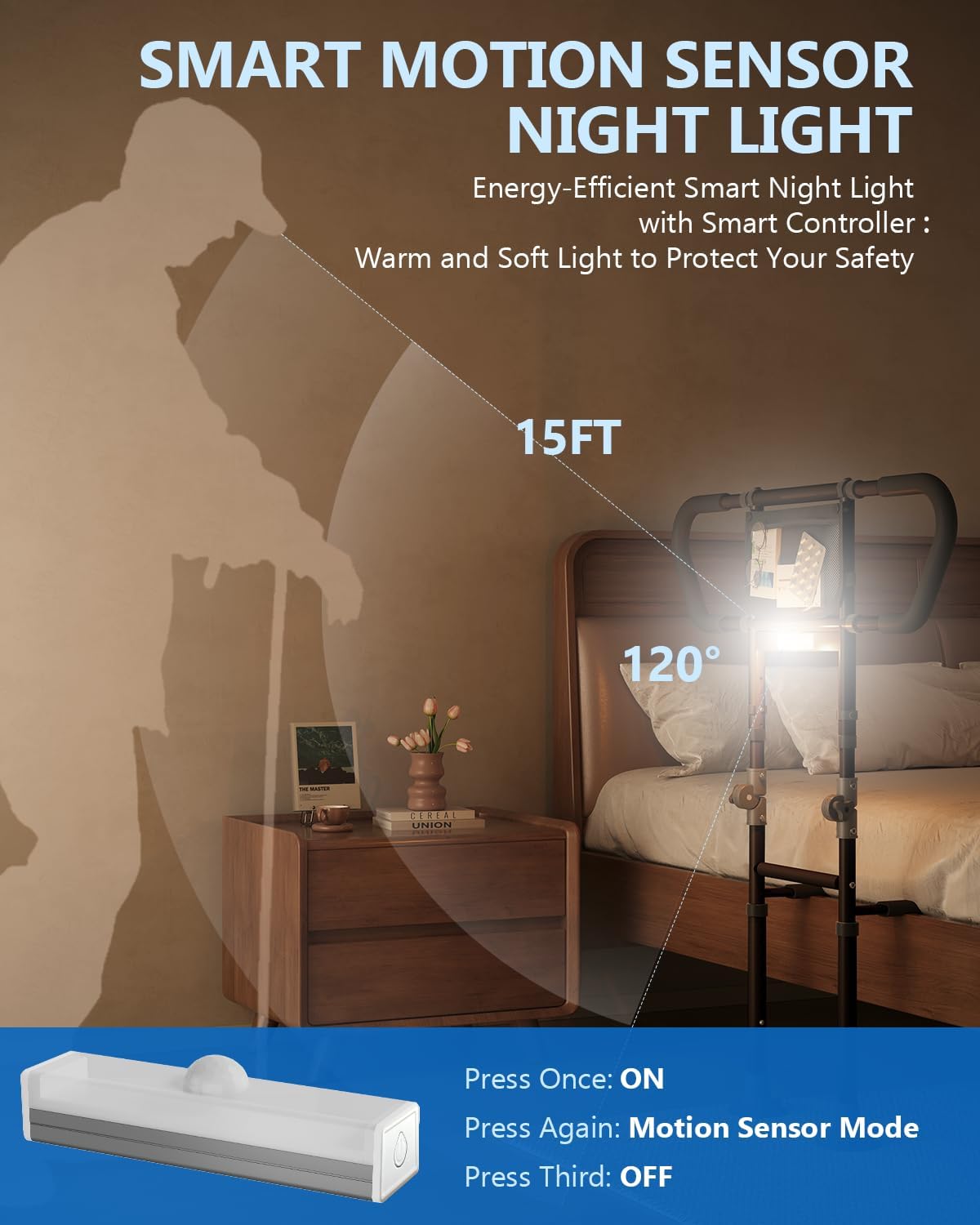 Bed Rails for Elderly Adults Seniors Adjustable Height Foldable Safety Rail with 400 Lbs Capacity Non-Slip Handle, Night Light, Fall Prevention Grab Bar for King Queen Full Twin Beds Black