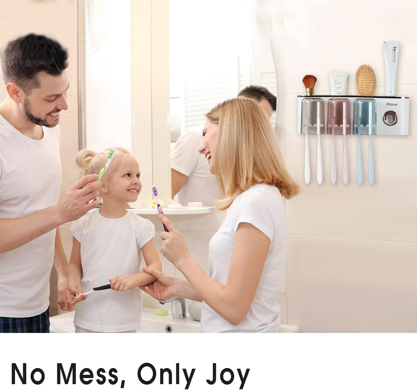 iHave Toothbrush Holders Bathroom Accessories with Toothpaste Dispenser, 3 Cups Toothbrush Holder Wall Mounted Bathroom Decor