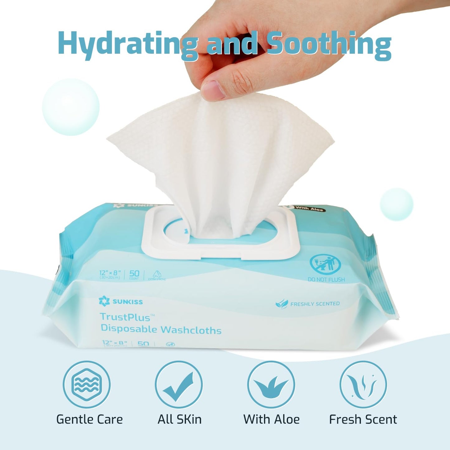 SUNKISS Trustplus Wet Wipes for Adult No Rinse, Extra Large 8”x12” Body Cleaning Washcloths for Elderly Incontinence & Cleansing, Fresh Scented, 50 Count
