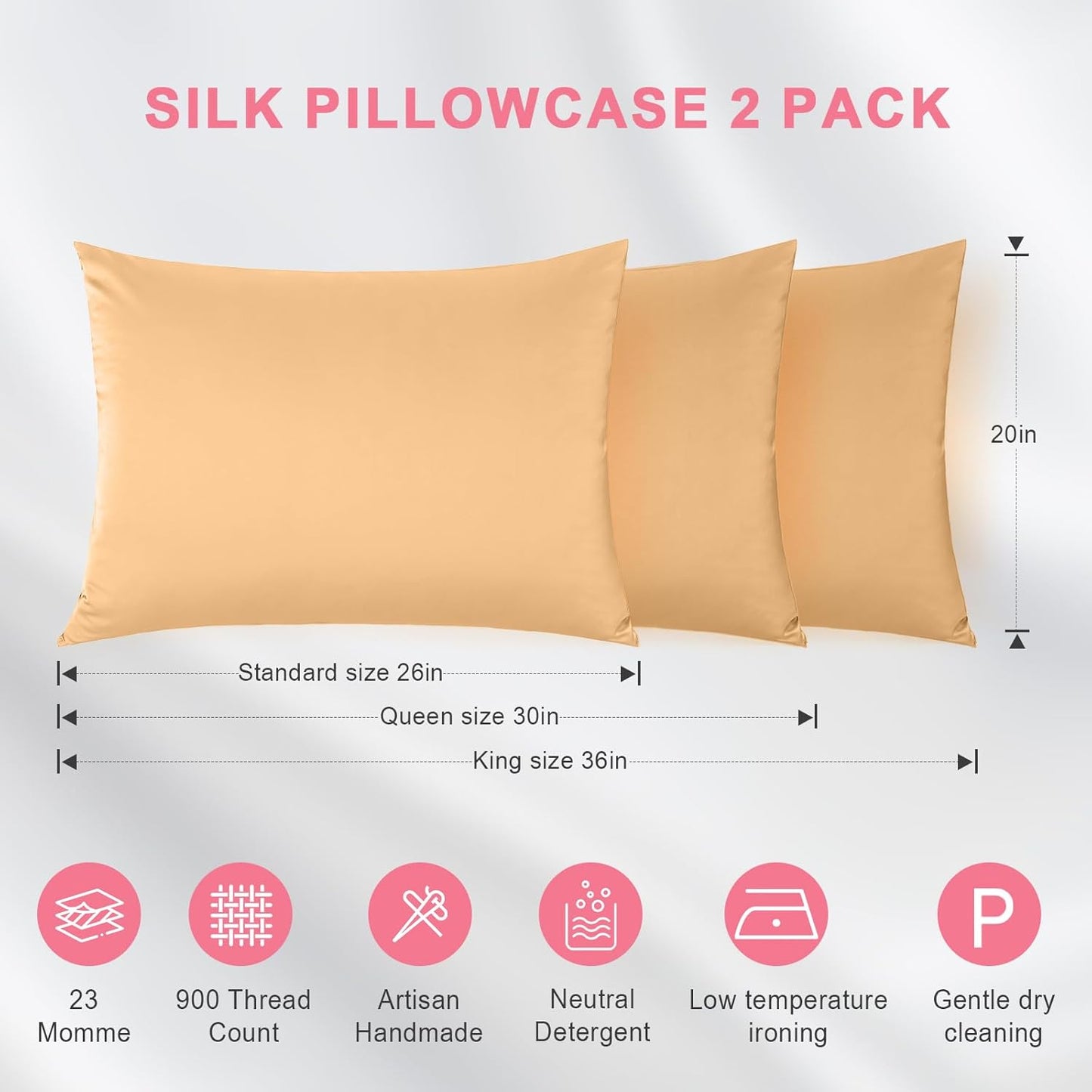 100% Silk Pillowcase 2 Pack for Hair and Skin, Both Sides 23 Momme Grade 6A+ Mulberry Silk Pillowcases with Hidden Zipper, Soft&Smooth Cooling Pillow Cases (Champagne, Standard 20×26)