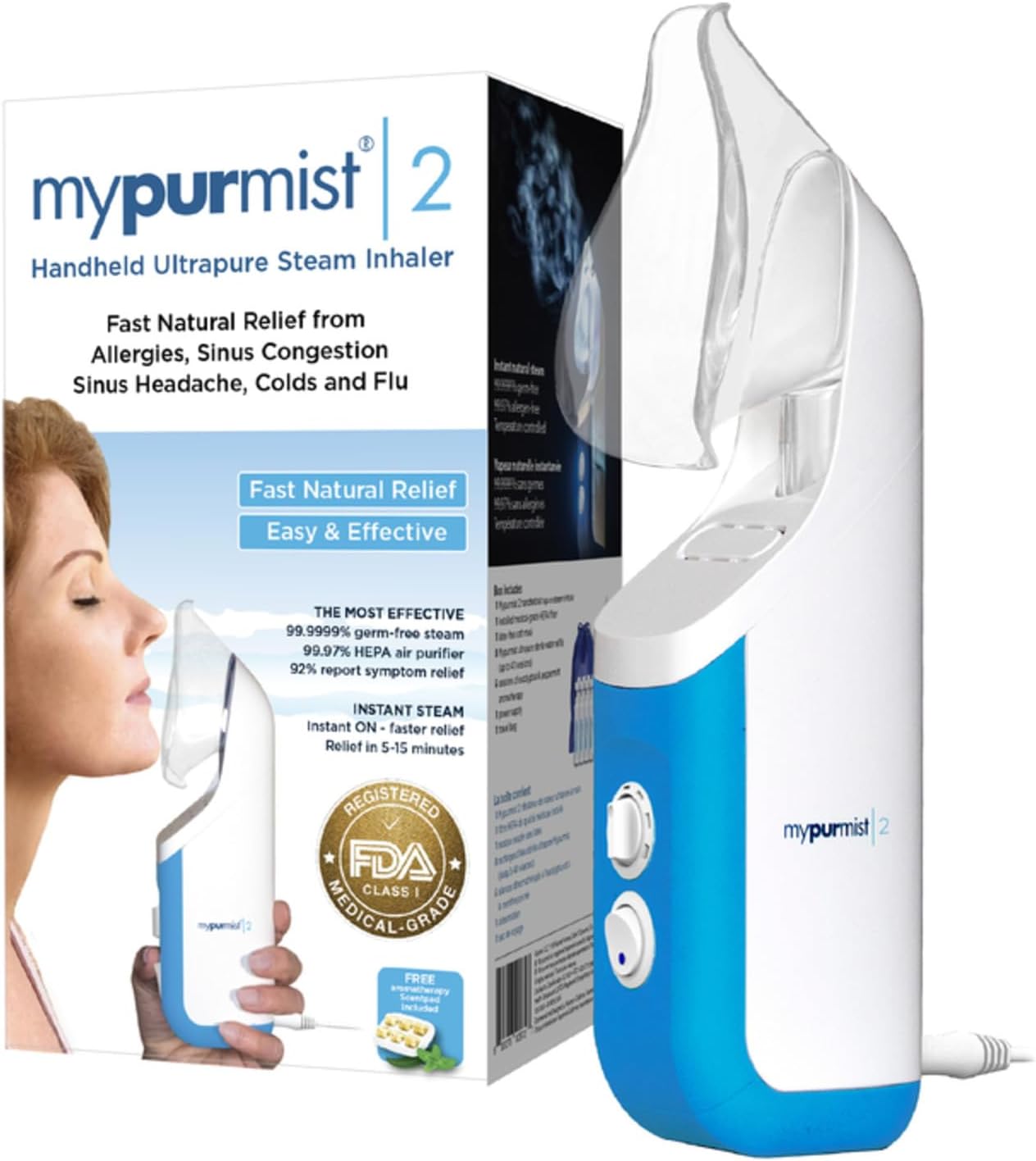 MYPURMISTยฎ Handheld Ultrapure Instant Steam Inhaler โ Fast Allergy Nasal Congestion Cold Cough Sinus Relief - Aromatherapy Vaporizer Steamer Humidifier, Voice Care, FSA/HSA/FDA Listed