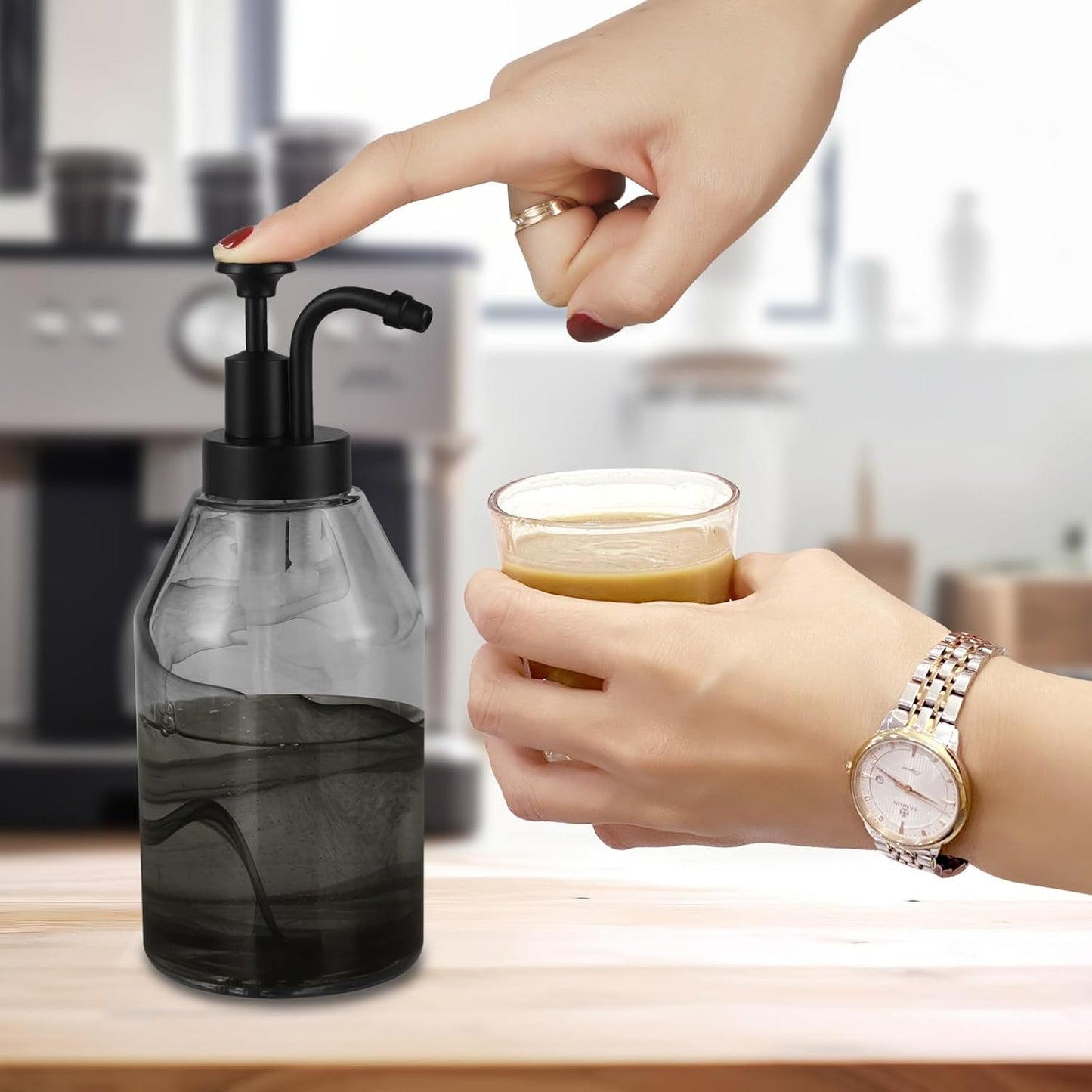 Thick Glass Black Marble Soap Dispenser with Matte Black Pump,Decorative Liquid Hand Dish Soap Dispenser for Bathroom and Kitchen,Luxury Dispenser for Coffee Syrup,Lotion,Essential Oil