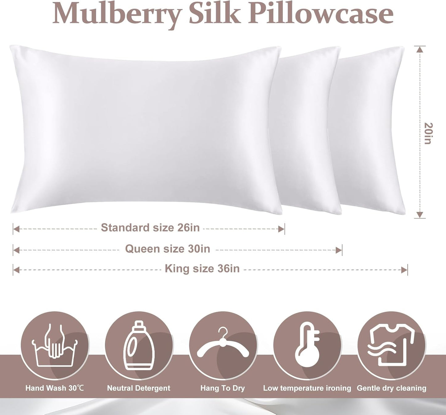 2 Pack 100% Pure Silk Pillowcase for Hair and Skin, Both Sides Mulberry Silk Pillowcases with Hidden Zipper, Cooling Pillowcase 19 Momme, 600 Thread Silk Pillow Cases King Size, White