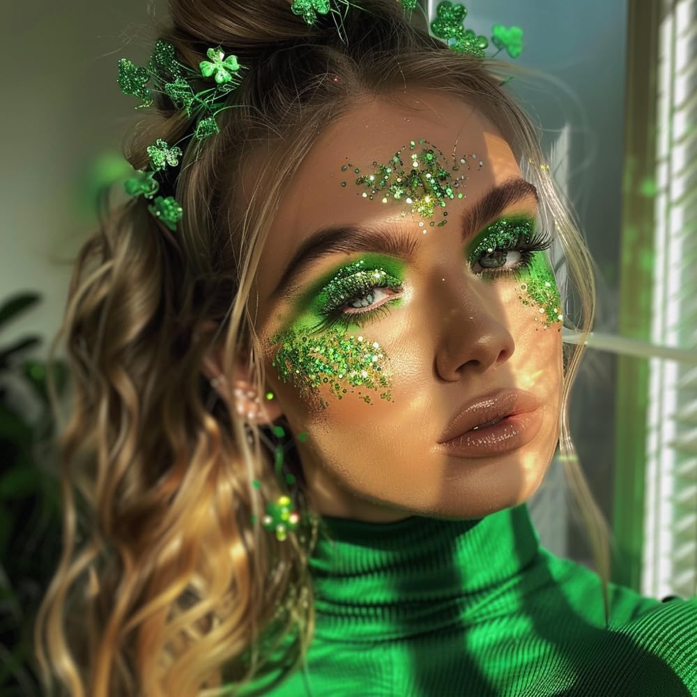 Mysense Green Body Glitter Stick, St Patricks Day Accessories, Face Hair Glitter Gel for Kids, Festival Rave Outfit for Women, Sparkling Mermaid Sequins Chunky Glitter Makeup, 0.56oz