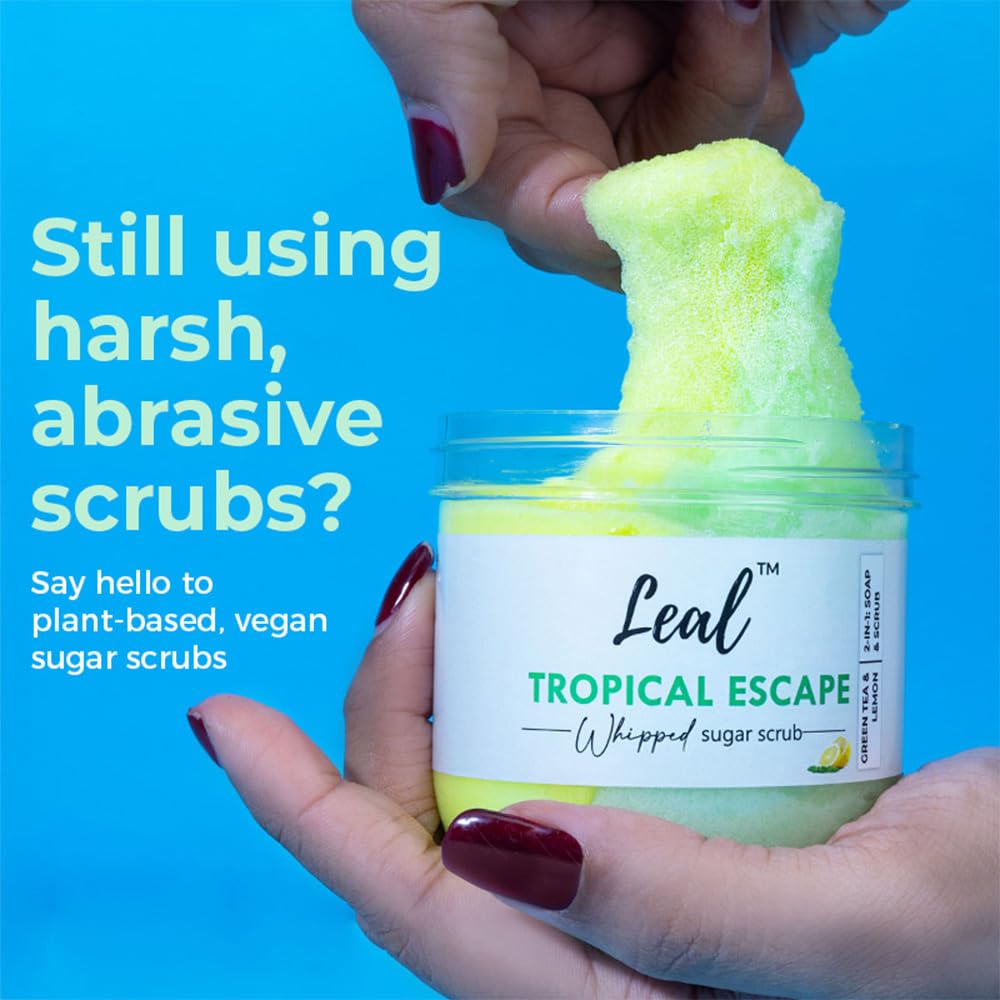 Leal Tropical Exfoliating Body Sugar Scrub, Green Tea Lemon Sugar Face Scrub, Face Polish, Tan Sugar Scrub, Whipped Foaming Vegan Scrub, Sulfate free, Whipped soap scrub dead skin-200 g