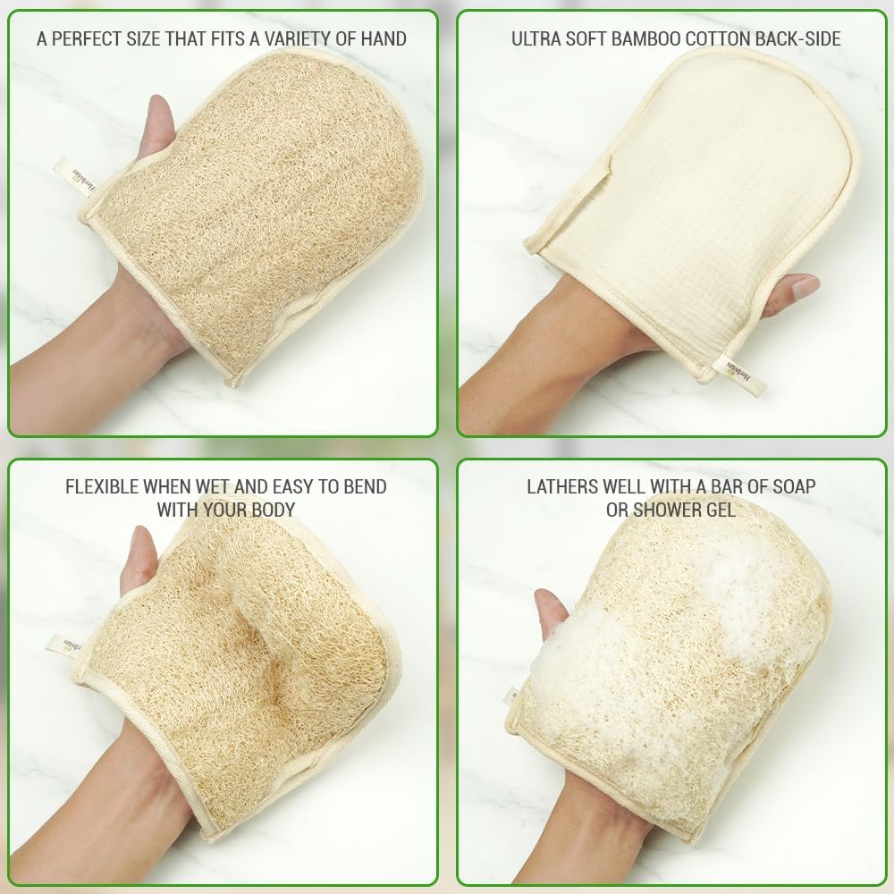 Premium Vietnamese Natural Loofah Gloves – Exfoliating Body Scrubber Mitts with Thumb Holes, Easy Grip Design, for Men & Women, Shower & Bath (Pack of 2)