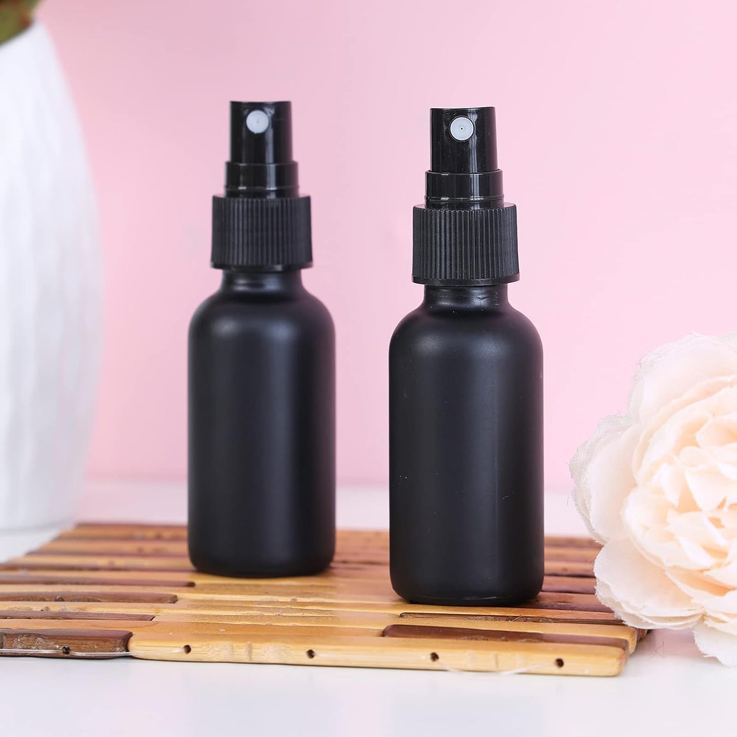 2oz Glass Spray Bottle, Fine Mist Boston Glass Bottles with Black Fine Mist Sprayer Small Clear Bottles for Essential Oils, Bath, Beauty, Hair & Cleaning, Black, Pack of 24