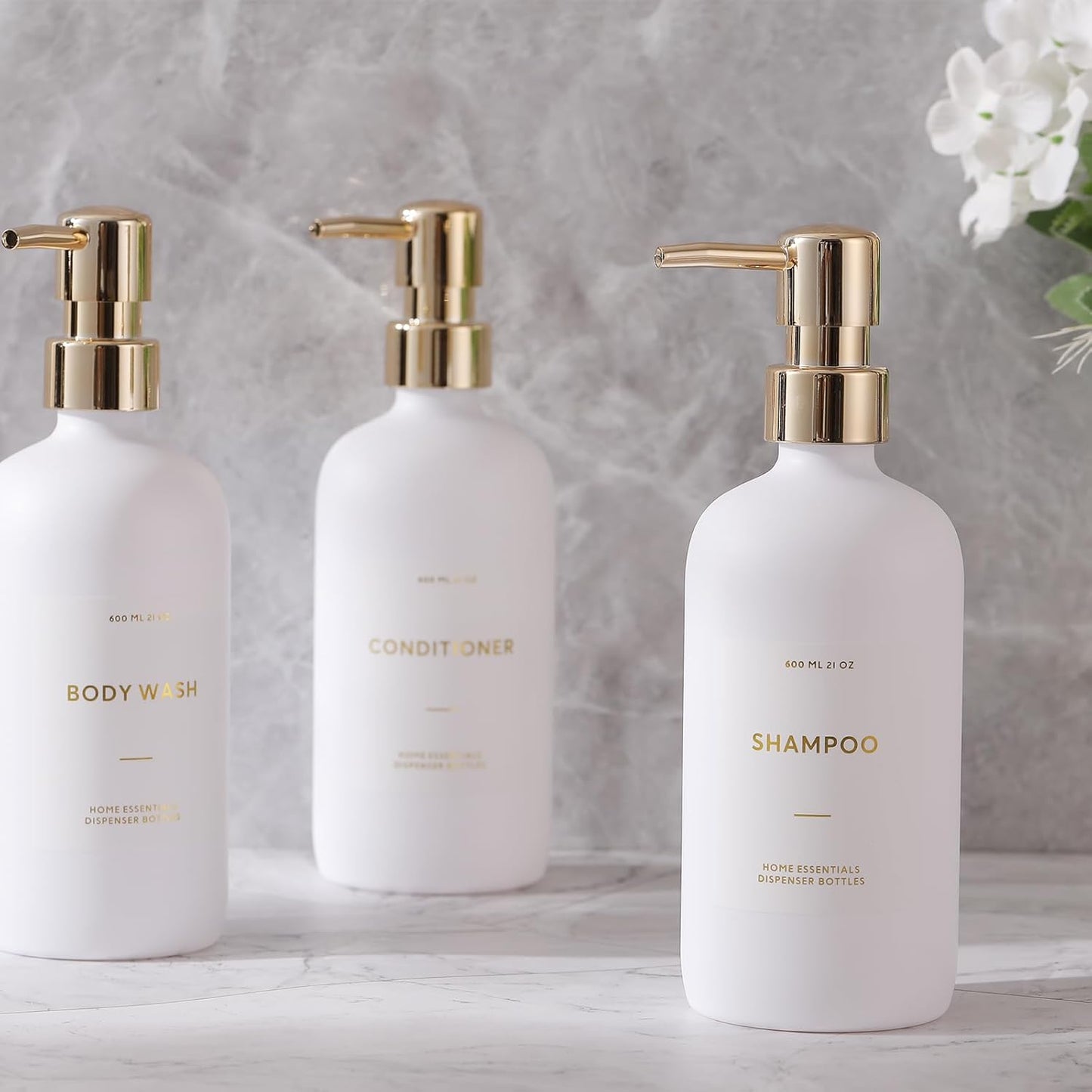 HOMCDALY Shampoo and Conditioner Dispenser, 21oz 3-Pack Refillable Pump Bottles, Shampoo Container, Empty Pump Bottle, Bathroom Shower Dispenser(21oz-White&Gold)